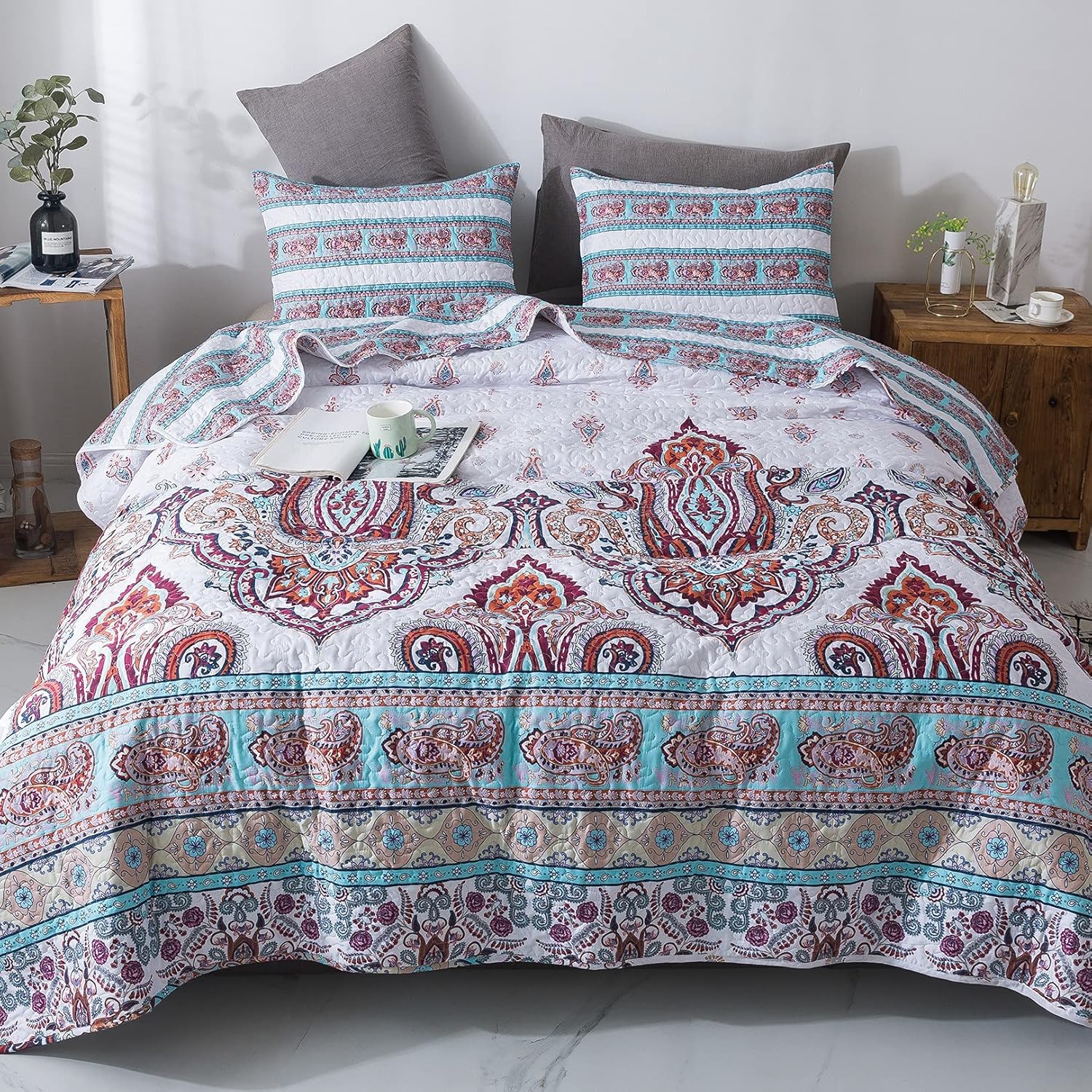 DaDa Bedding Bohemian Reversible Cozy Paisley Floral Bedspread Set - Bright Buta Folky Vibrant Colorful Coverlet - Turquoise Blue Red Orange with White Background - Cal King - 3-Pieces