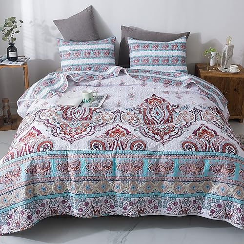 Miniatura 8 de DaDa Bedding - Juego de colcha bohemia reversible y acogedora con estampado floral de cachemira  Bright Buta Folky vibrante colorido  turquesa,