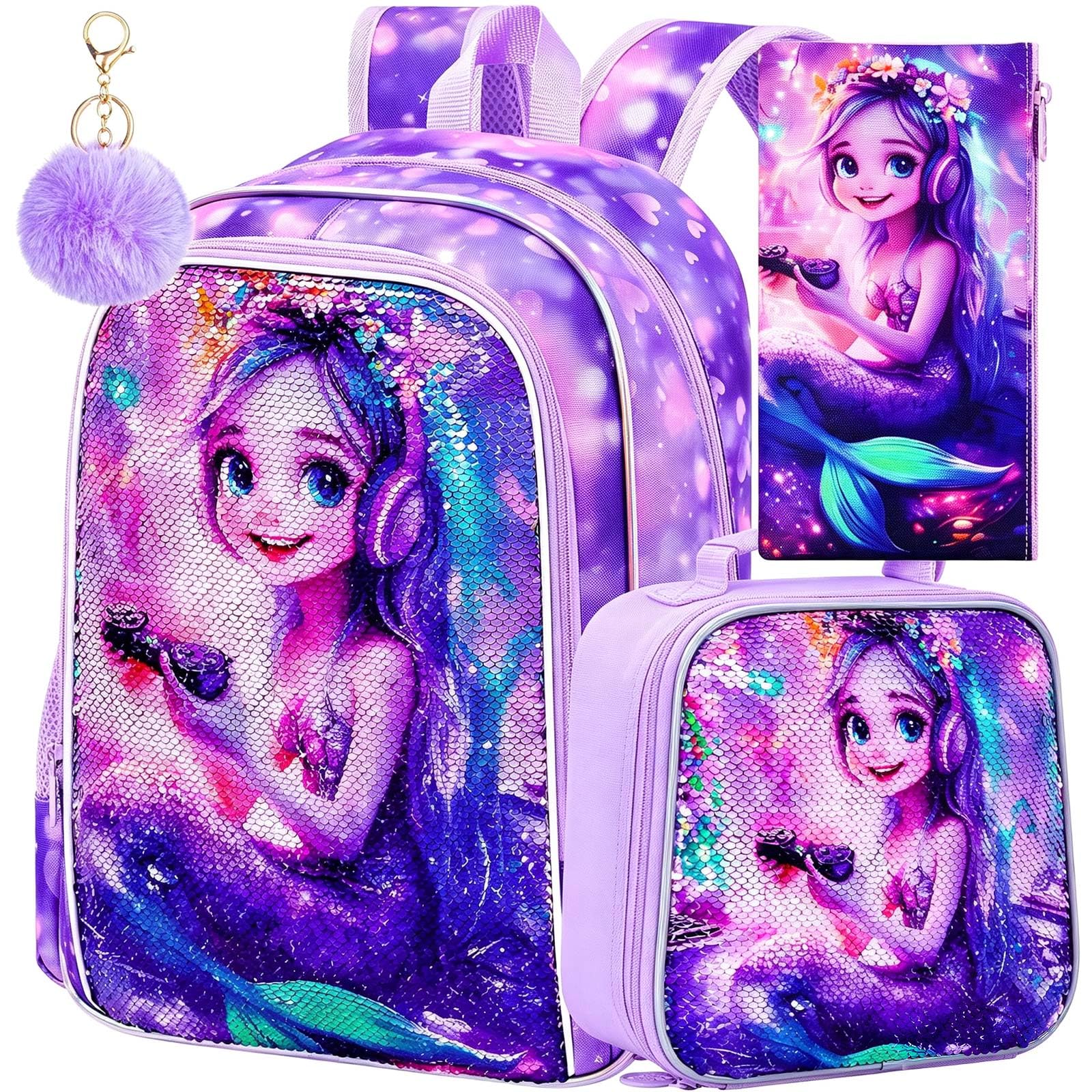 CCJPX 3Pcs Mermaid Backpack for Girls, 16" Kids Sequin Bookbag with Lunch Box, Cute Water Resistant Schoolbag for Preschool Kindergarten Toddler(Purple)
