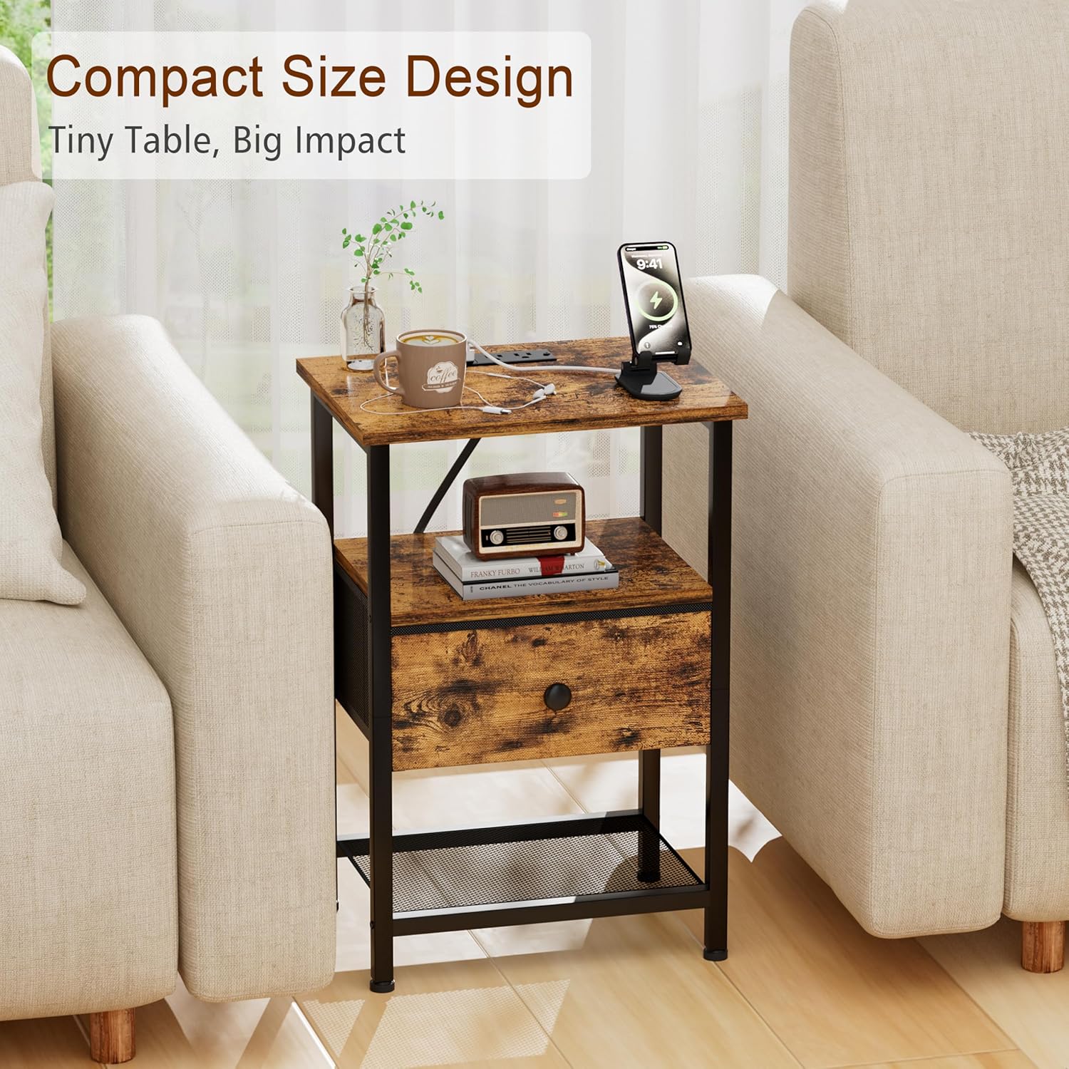 Nightstand with Charging Station, End Table with Fabric Drawer, Night Stand for Bedroom, Small Bed Side Table with USB Ports and Outlets for Living Room, Brown, HETS010BR-1 - Image 7