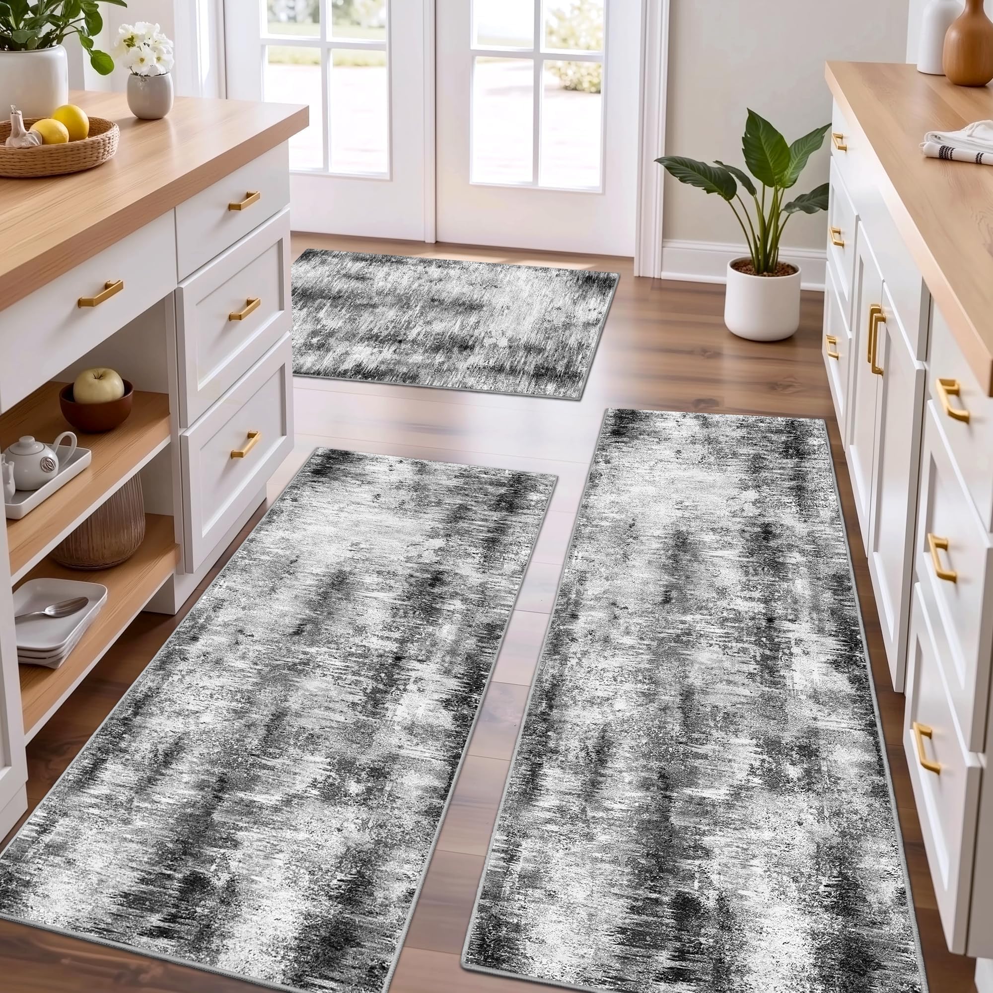 (INCOMPLETE) Tritard Upgrade Non Slip Kitchen Rugs Sets of 3 Washable Kitchen Mats for Floor Abstract Kitchen Runner Rug Ultra Soft Floor Mat Set Kitchen Carpet Rugs for Hallway, Laundry, Entryway, Office, Grey