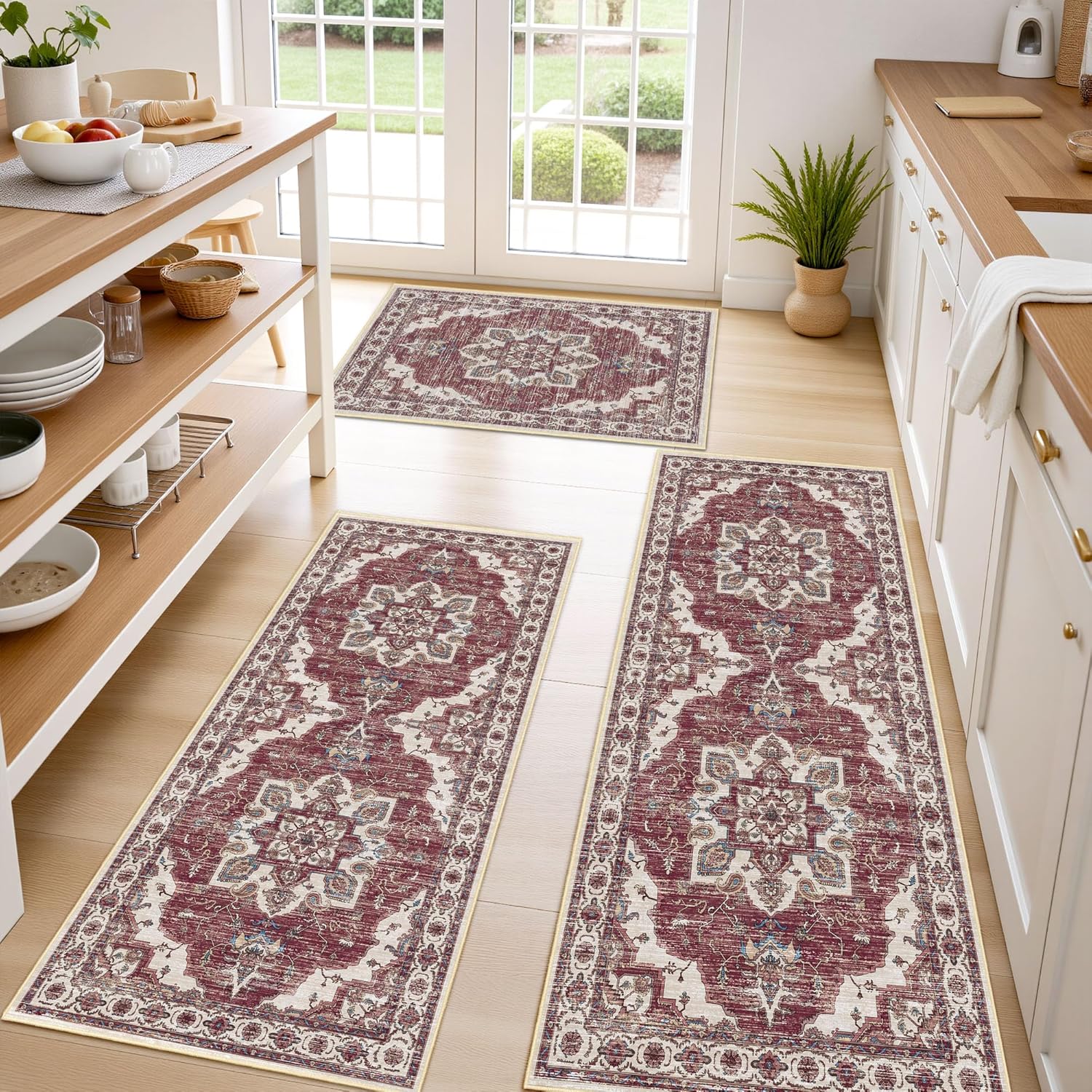 Tritard Non Slip Kitchen Rugs Sets of 3 Washable Kitchen Rug Boho Kitchen Mats for Floor Soft Kitchen Runner Rug Non Skid Kitchen Floor Carpet for Entryway Hallway Laundry Room, Brick Red