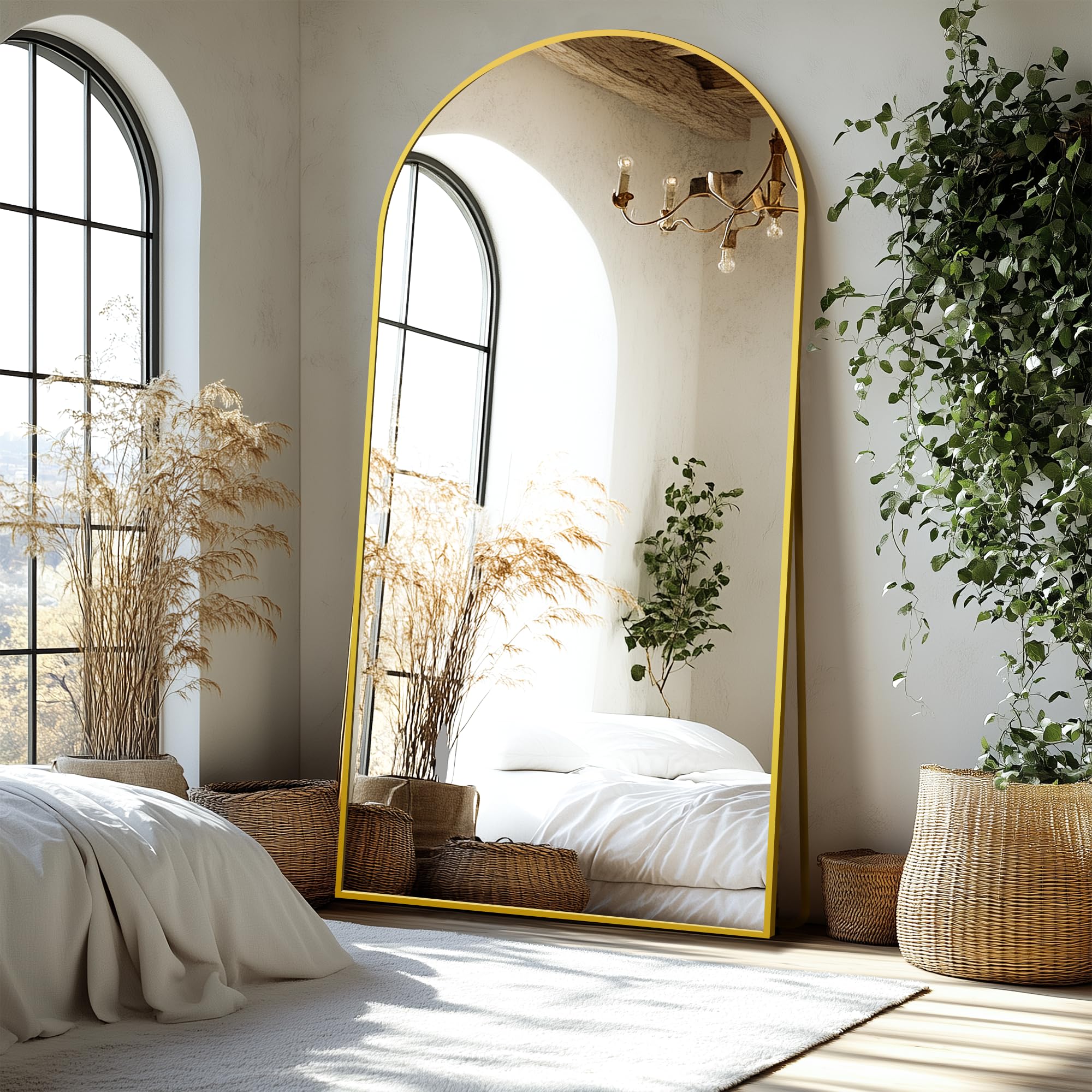 Delma Arched Mirror Full Length,Standing Mirror Full Body,Large Floor with Stand for Wall Entryway Door Bedroom Bathroom Living Room: Gold Frame 75"L x 35"W