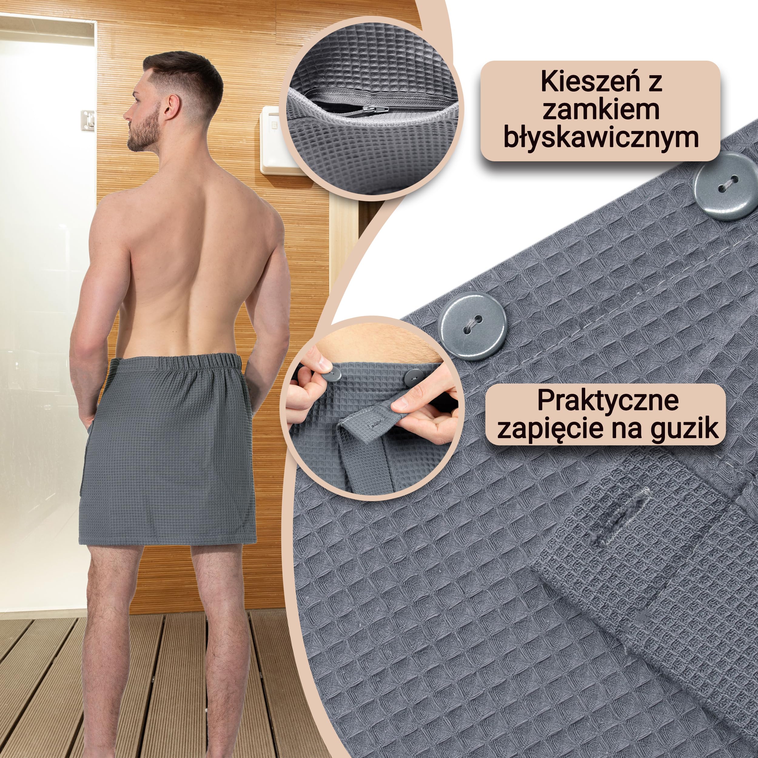 ZOLLNER Męski kilt do sauny marki z tkaniny typu waffel-pique – szary – rozmiar uniwersalny – bawełna – można prać w temperaturze do 60°C – certyfikat Oeko-Tex®, 338