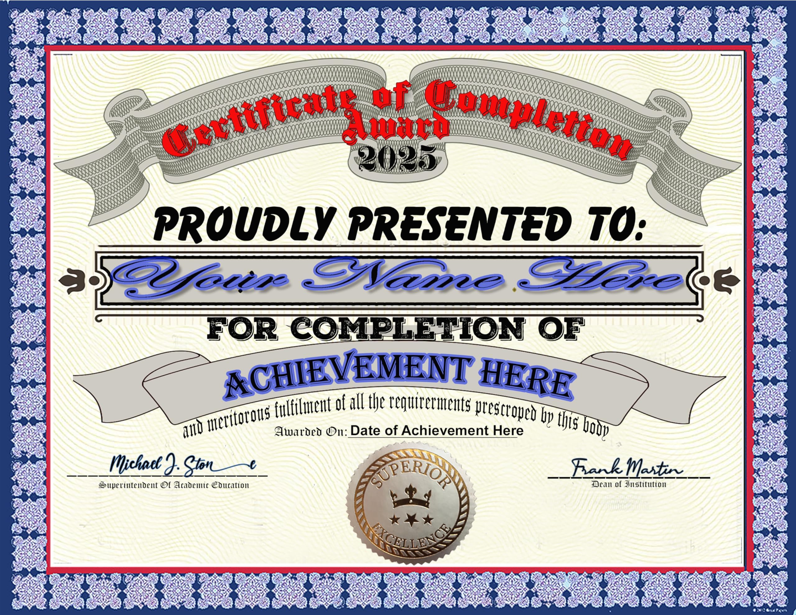 Certificate of Completion Diploma Personalized Customized with Your Personal Info Plus we Will add a Navy Blue Gold Embossed Quality Certificate Cover - Premium Quality - 8.5" by 11"