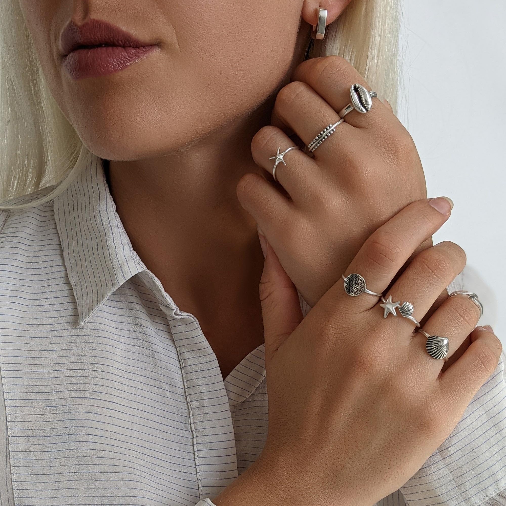 81stgeneration Anillo Promesa Concha Cauri Plata 925 | Anillos Plata de Ley Mujer | Joyas Verano Playa | Anillos Concha Marina Adolescentes | Diseño Bohemio Conchas Marinas Apiladas
