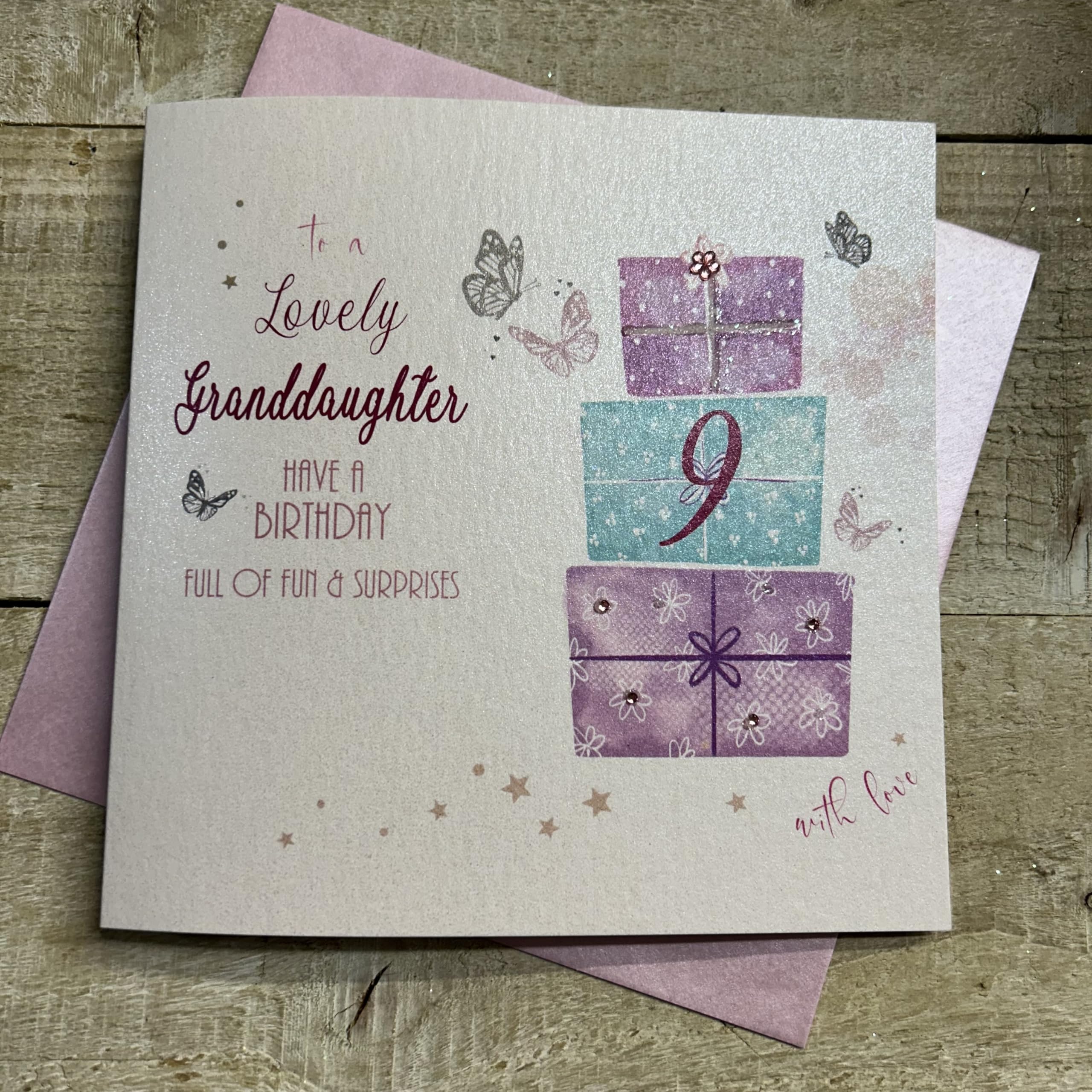WHITE COTTON CARDS Pink Present, Granddaughter 9 Happy Handmade 9th Birthday Card, White, WB86-9, 15cm x 15cm