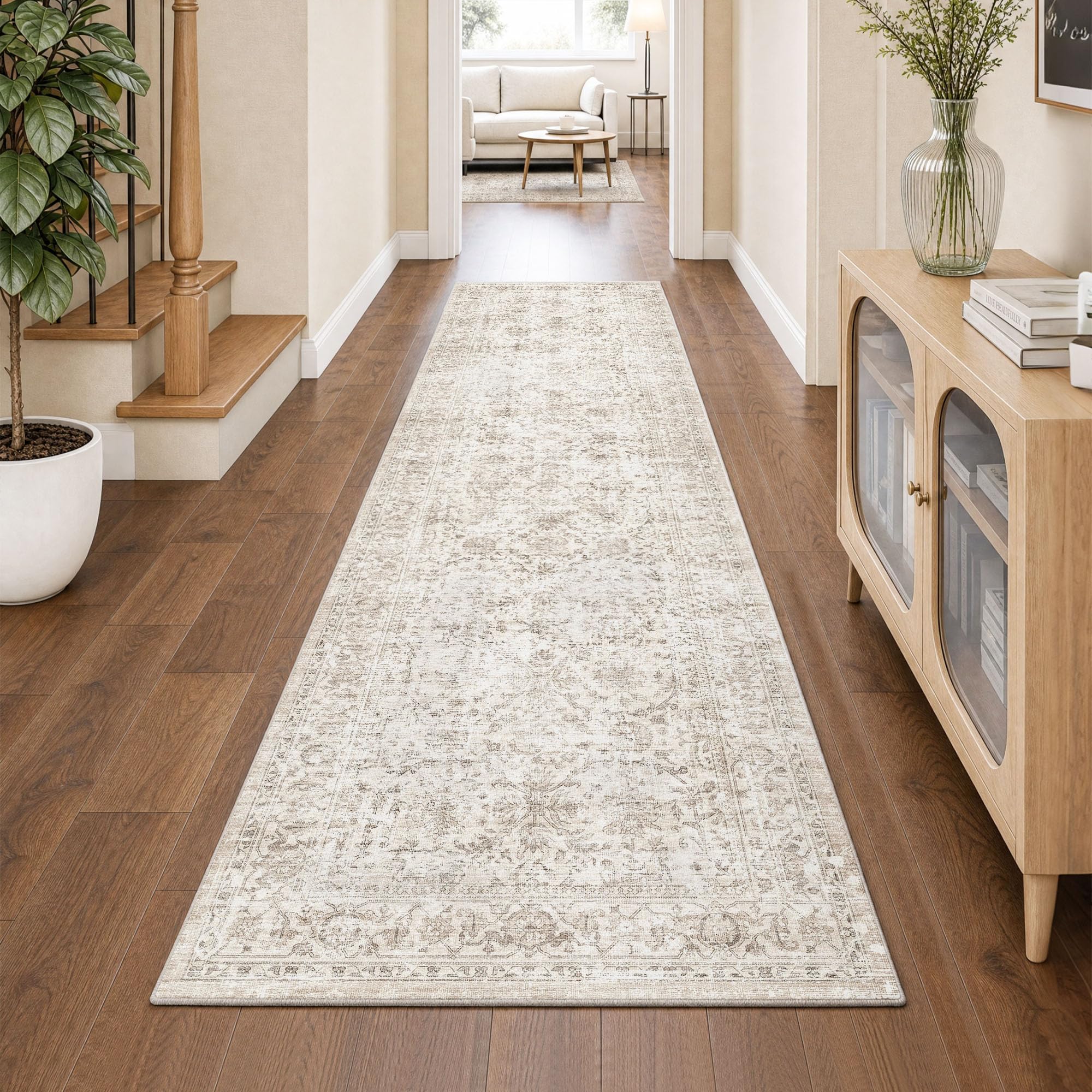 Beauoop Vintage Teppich Läufer Flur 60x240 cm Beige Waschbar Küchenteppich | Kurzflor Weich Rutschfest Retro Teppichläufer Bettvorleger Schlafzimmer Wohnzimmer Eingangsbereich Pflegeleicht Kitchen Rug