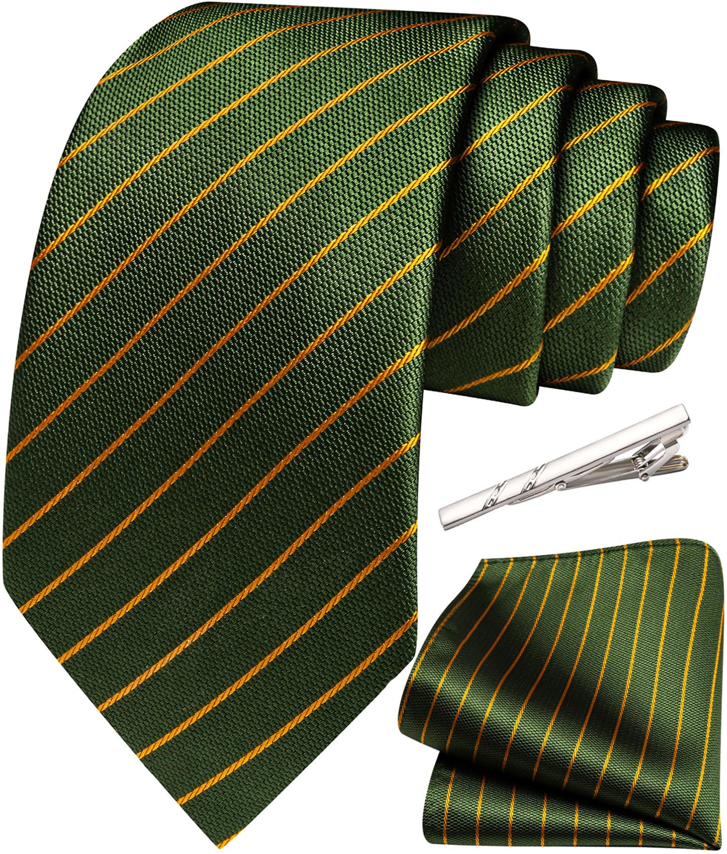 Herren-Krawatten, 160 cm, extra lang, klassisch, gestreift, Krawatte und Einstecktuch, Seidenkrawatte, Taschentuch, Krawattenklammer für formelle Hochzeit, Party