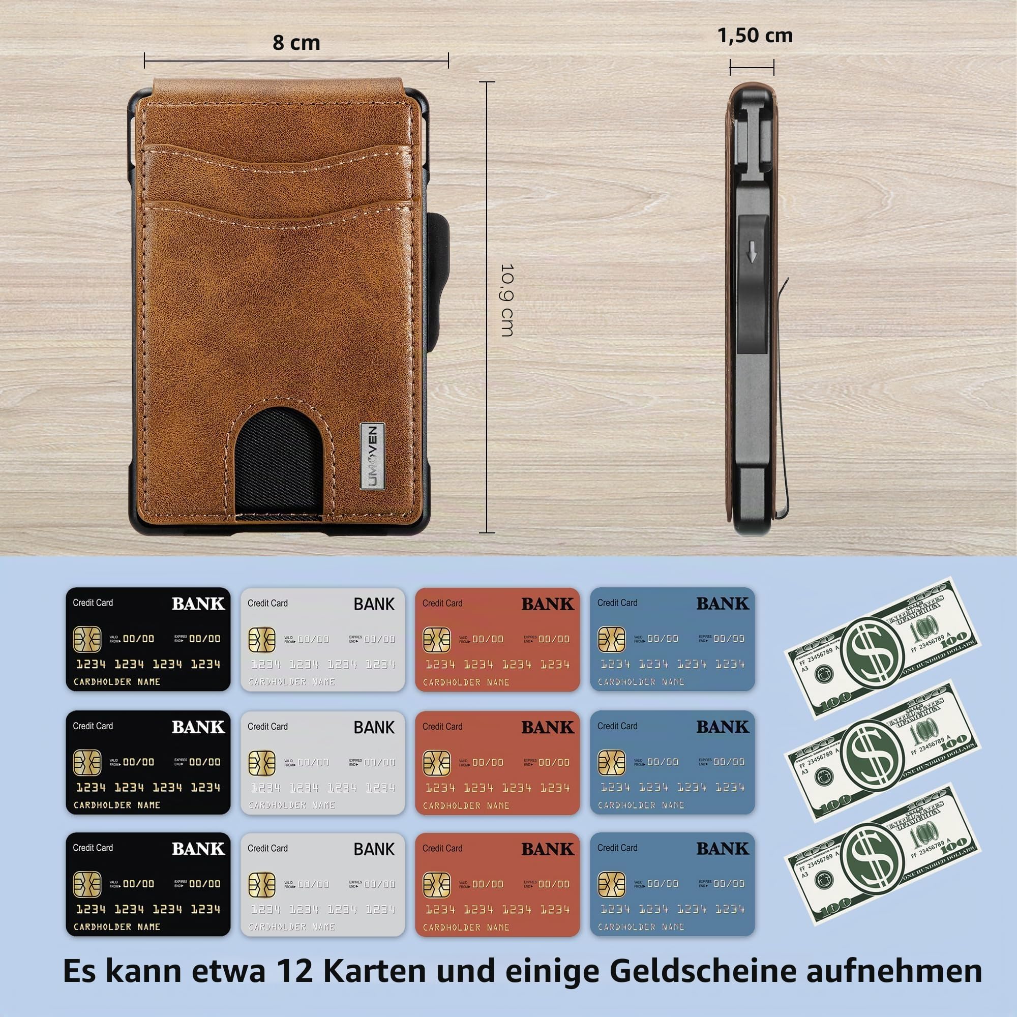 umoven Geldbörse für Herren – mit Geldklammer, schlanke Lederfächer, RFID-blockierend, Bifold minimalistische Geldbörse, Braun, Minimalistisch