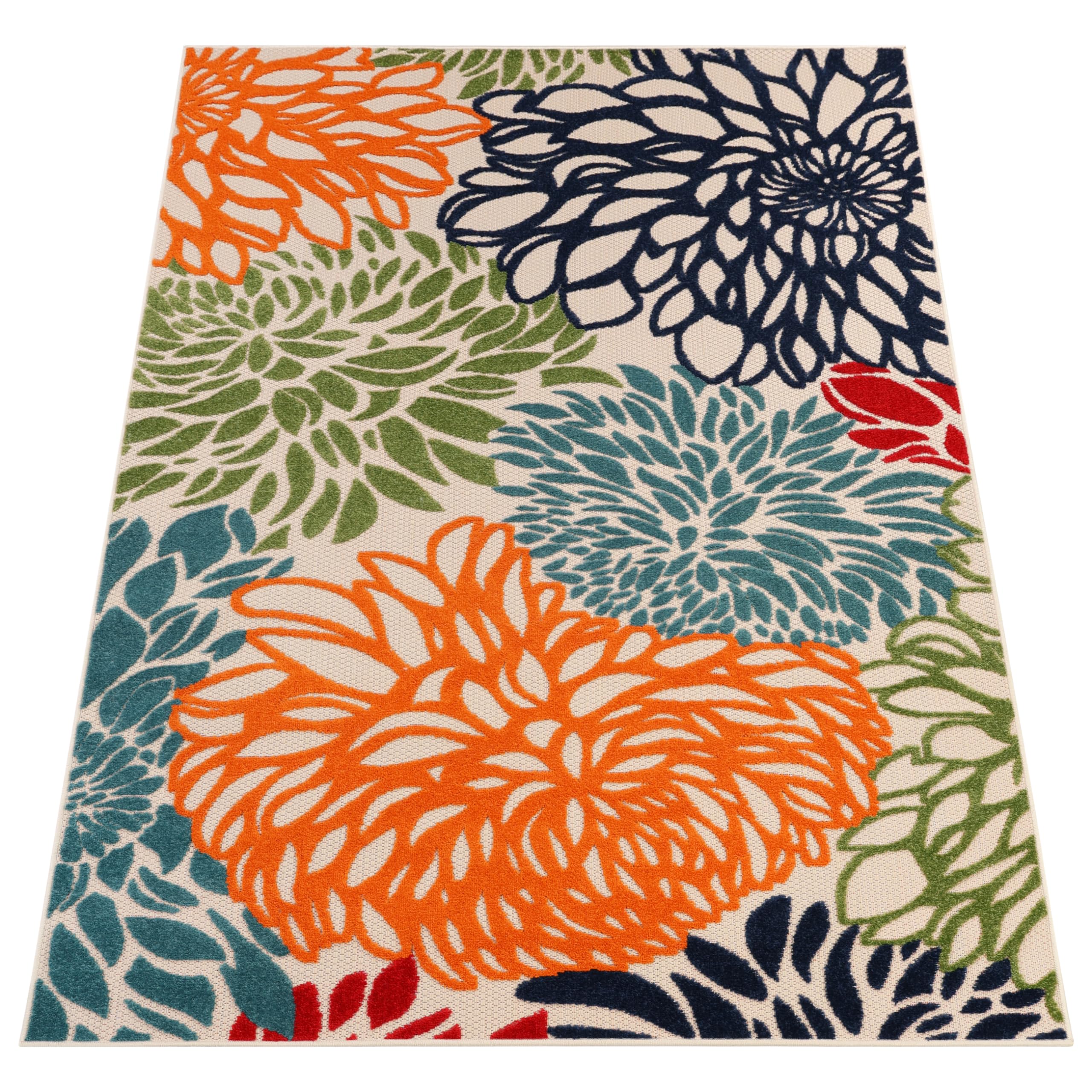 TAPISO Patio Tapis d'Extérieur Beige Multicolore Coloré Fleurs, Résistant aux Intempéries et Facile d'entretien, Anti-UV – Idéal pour Terrasse, Balcon et Jardin 90 x 150 cm