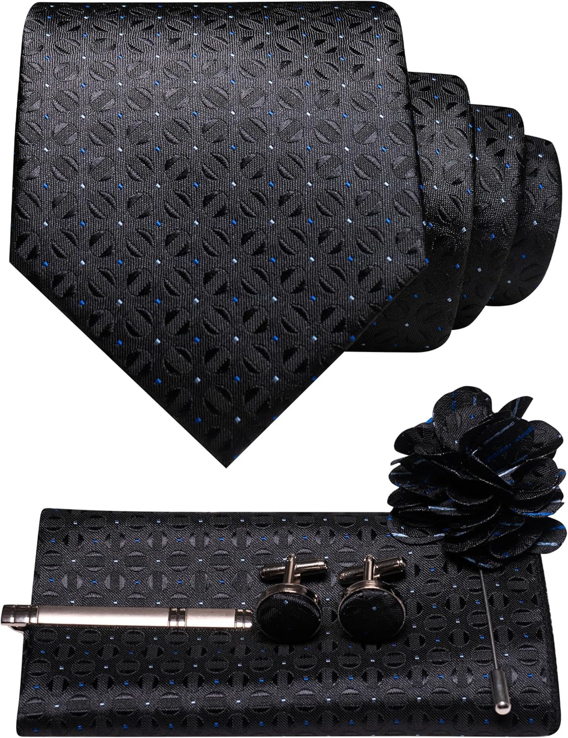 JEMYGINS Mens Tie and Pocket Square Cufflinks with Lapel Pin Tie Clip Sets for Wedding Business (5PCS with Gift Box)