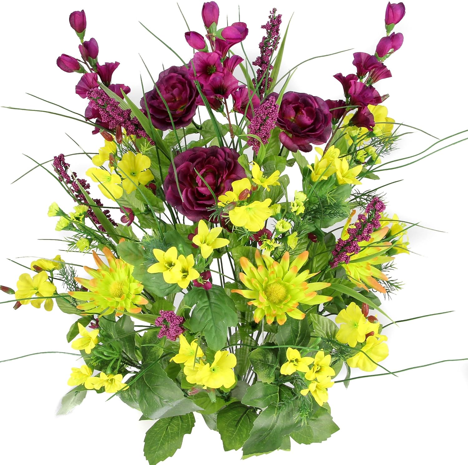 Admired By Nature 30 Stem Artificial flowers Morning Glory & Ranunculus Bush Spring Faux Flower Arrangement for Outdoor & Indoor Wedding home decor, Cemetery Decorations For Grave, GRAPE MIX