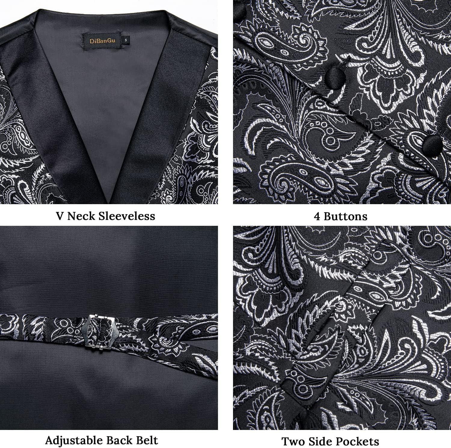 DiBanGu Mens Paisley Suit Vest Silk Jacquard Waistcoat and Necktie Set Formal Shawl Collar Dress Vest 7PCS for Wedding Party - Image 4