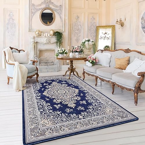 Miniatura 5 de Chicrug Alfombras de lujo de color azul marino de 4 x 6 pies para sala de estar, alfombras antideslizantes y lavables para dormitorio, alfombra