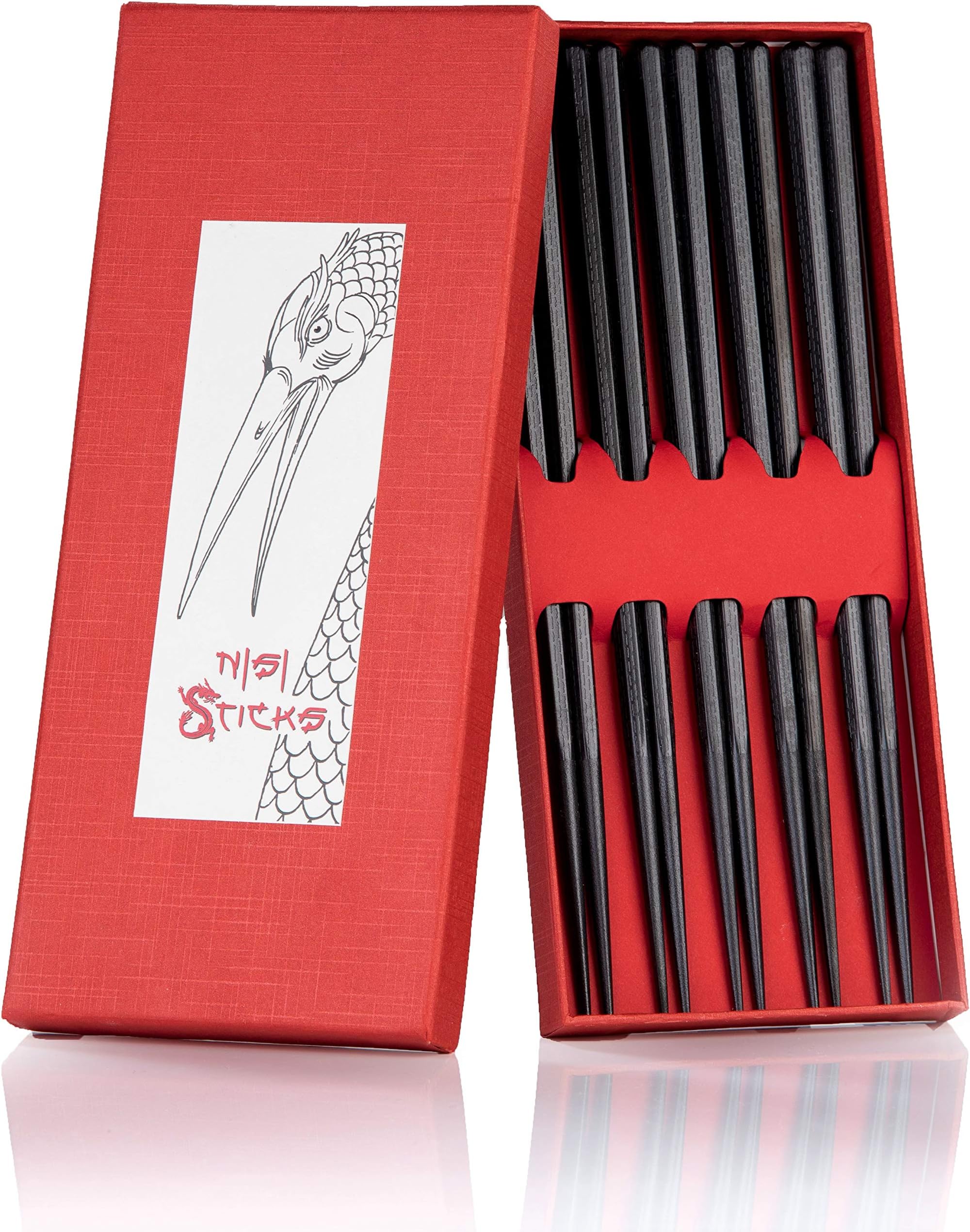 NiSi Sticks Premium ESS Sticks Set of 5 Chopsticks in Black | Asian Tea for Sushi or rice sushi Dishes | with Ebook with Great Recipes