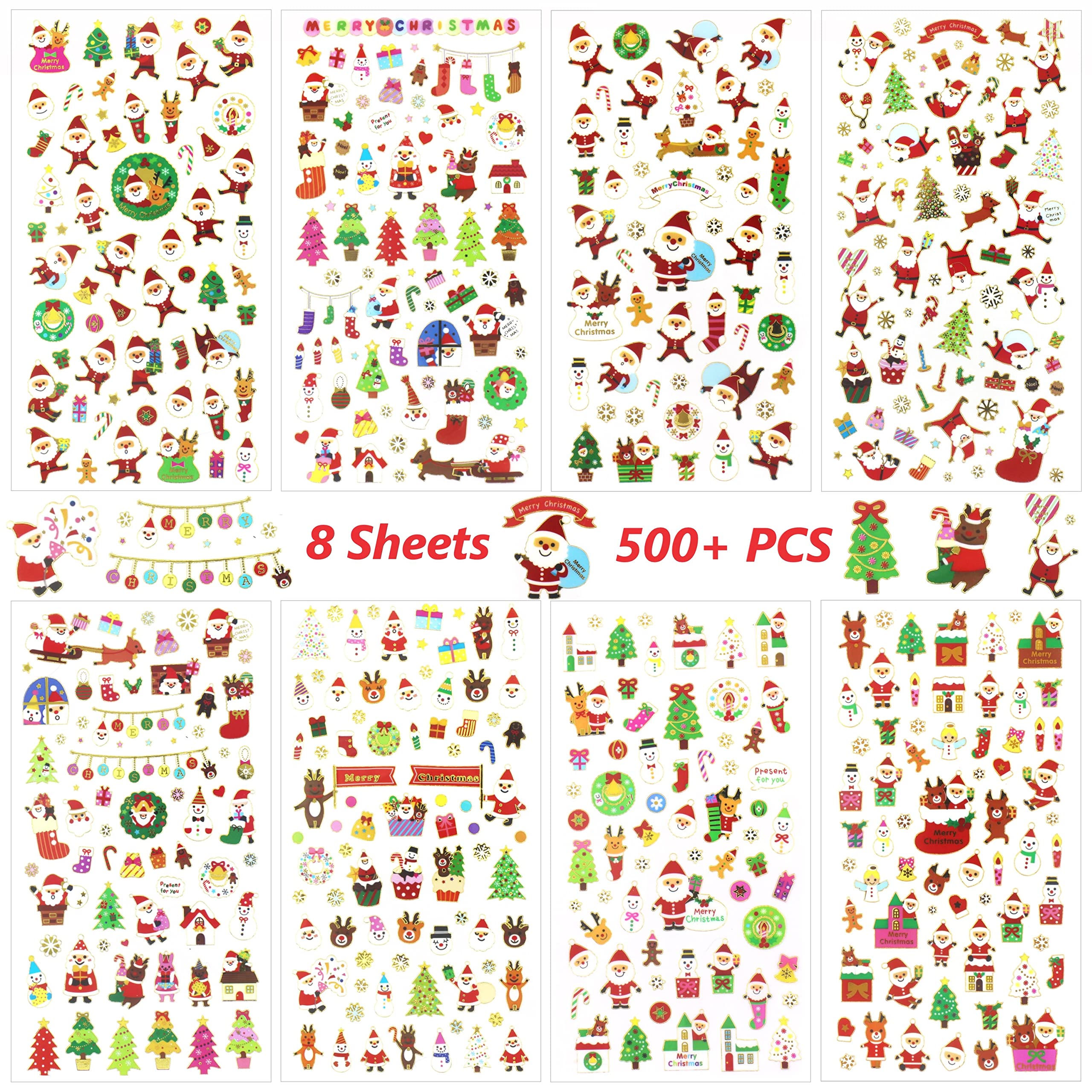Masper Christmas Stickers, 8 Sheets 500+ Pieces Assorted Mini Gold Foil Shiny Merry Christmas Stickers for Xmas Decorations Crafts Scrapbook Cards Gifts