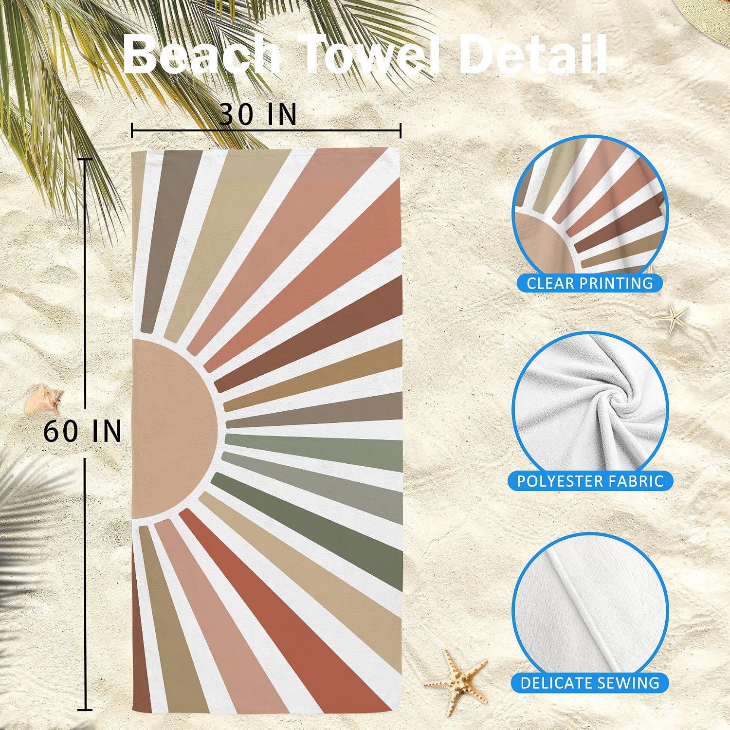 Boho Brown Sun Sunshine Beach Towel 30x60in