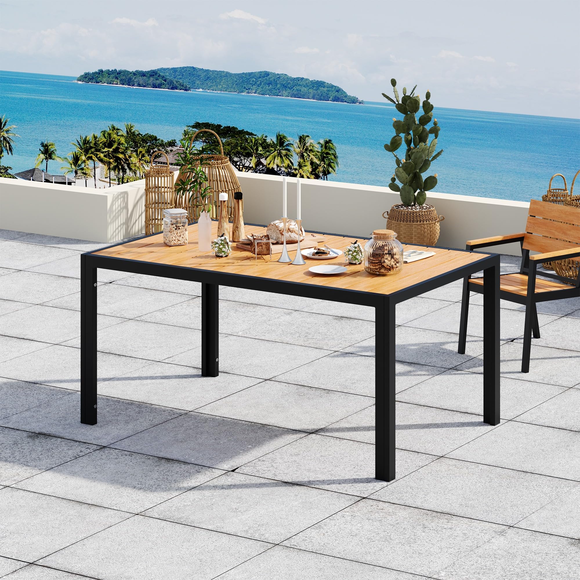 Devoko HDPS Table de Jardin Résistant aux Intempéries, 150 x 80 x 72 cm Table Aluminium Exterieur Finition Grain de Bois et Facile d'entretien, Table a Manger Exterieur pour 4 à 6 Personnes (Naturel)