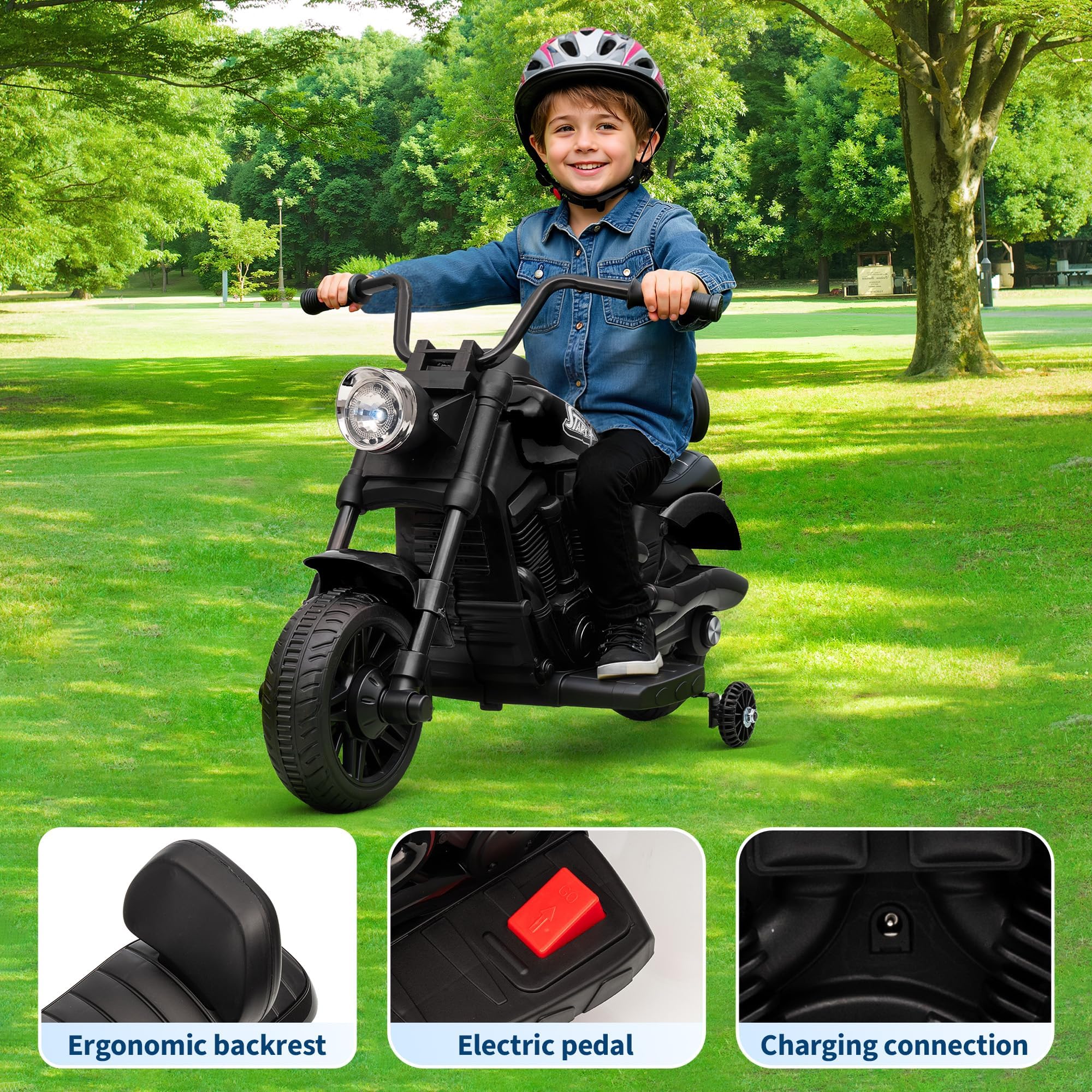 Moto électrique 6V pour Enfants - Batterie 4,5Ah, Stabilisateurs, Lumières Et Musique - Démarrage Progressif, Système De Suspension, Construction Légère - Convient Aux Enfants De 3 à 6 Ans