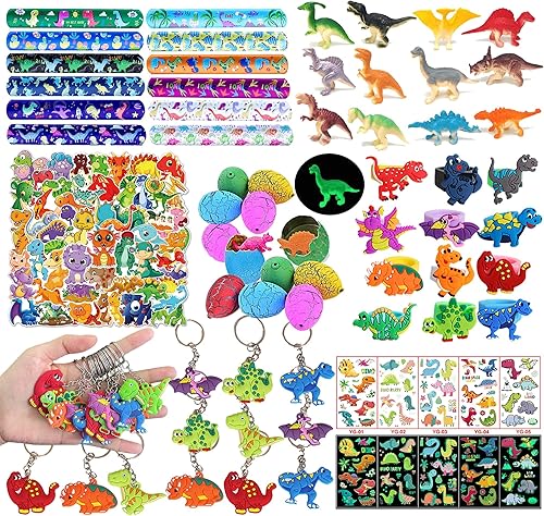 XIPEGPA Recuerdos de fiesta de dinosaurios con huevos temáticos de dinosaurios, pulseras de dinosaurios slap llaveros, anillos, calcomanías para