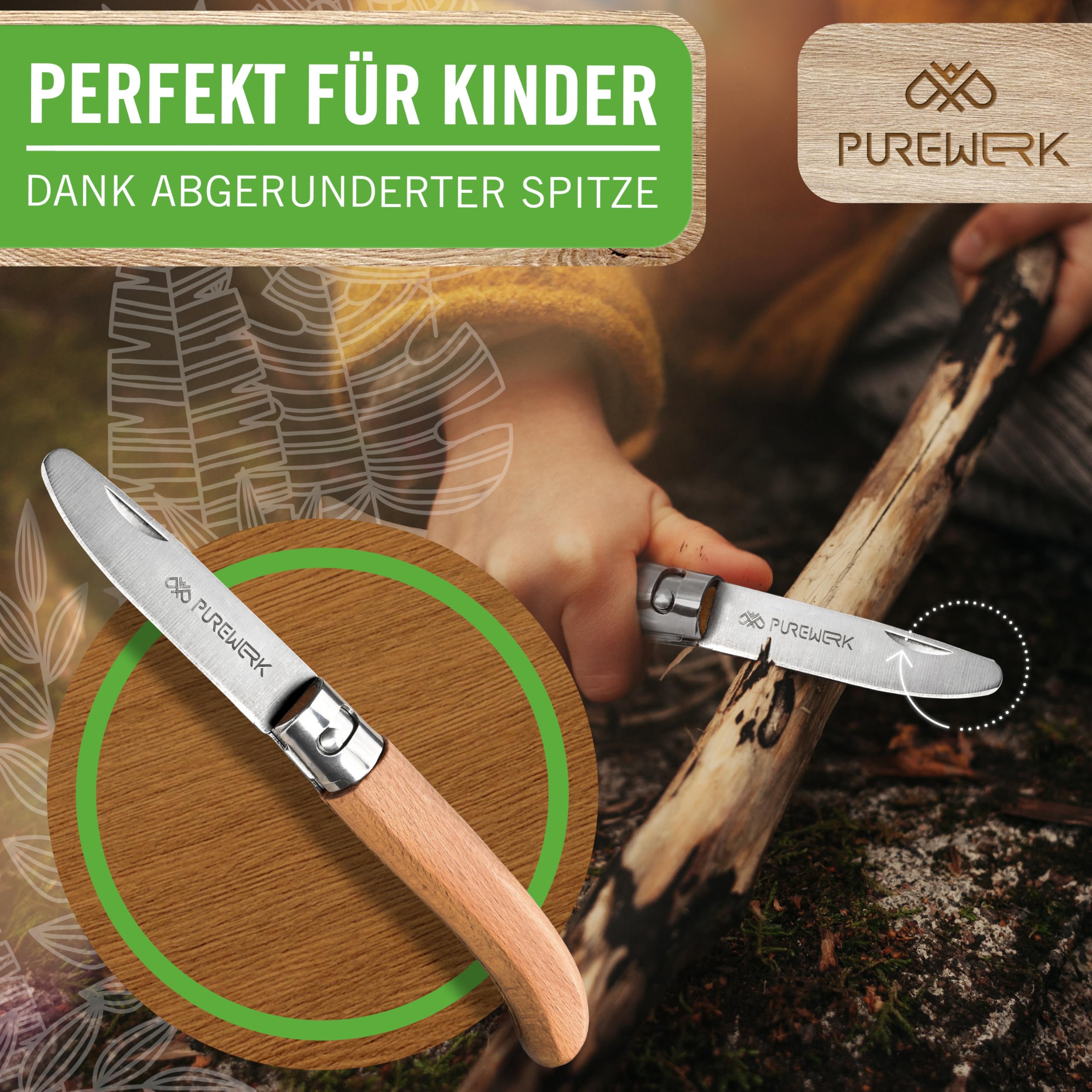 Schnitzmesser Kinder ab 6 Jahre [mit abgerundeter Spitze] - klappbares Outdoor-Taschenmesser mit Holzgriff - Schnitzset mit Kinderschnitzmesser, Etui, Handschuhen und mehr