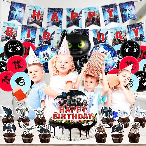 Miniatura 5 de Decoraciones de fiesta de cumpleaños de dragón 35 piezas de recuerdo de fiesta de cumpleaños con pancarta de feliz cumpleaños, decoración de pastel,