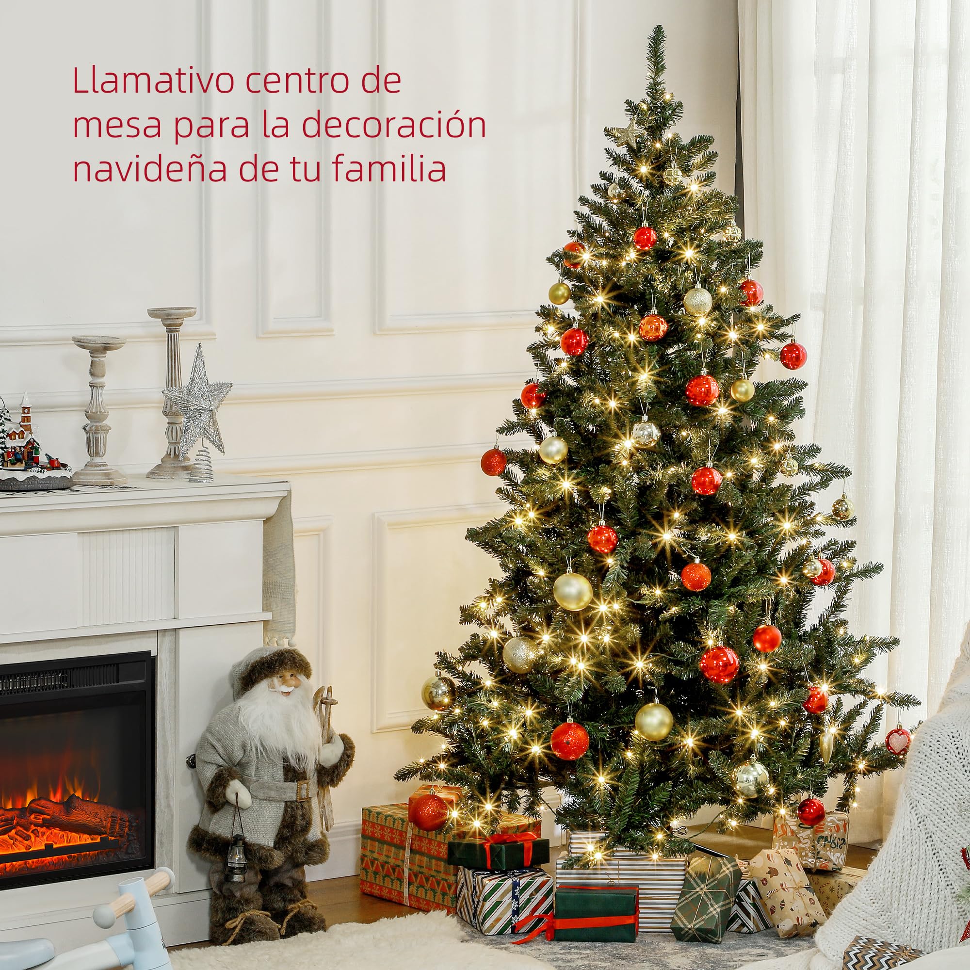 HOMCOM Árbol de Navidad 180 cm Árbol de Navidad Artificial con 310 Luces LED 872 Ramas y Soporte de Metal Árbol Navideño para Salón Interior Verde