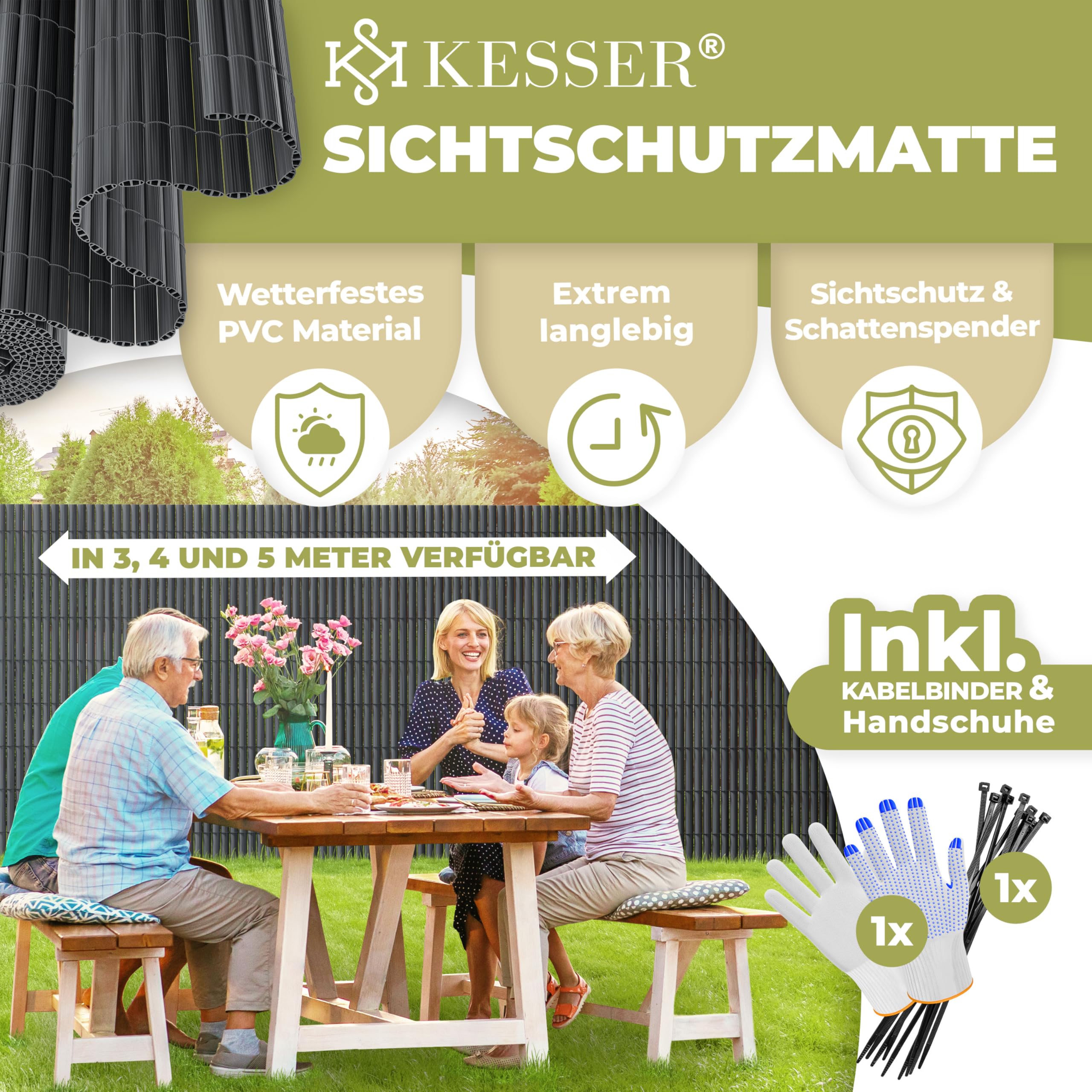 KESSER® Estera de protección visual de PVC, 160 x 300 cm, revestimiento de balcón, protección contra el viento, láminas reforzadas para jardín, balcón y terraza, incluye bridas, cubierta y guantes