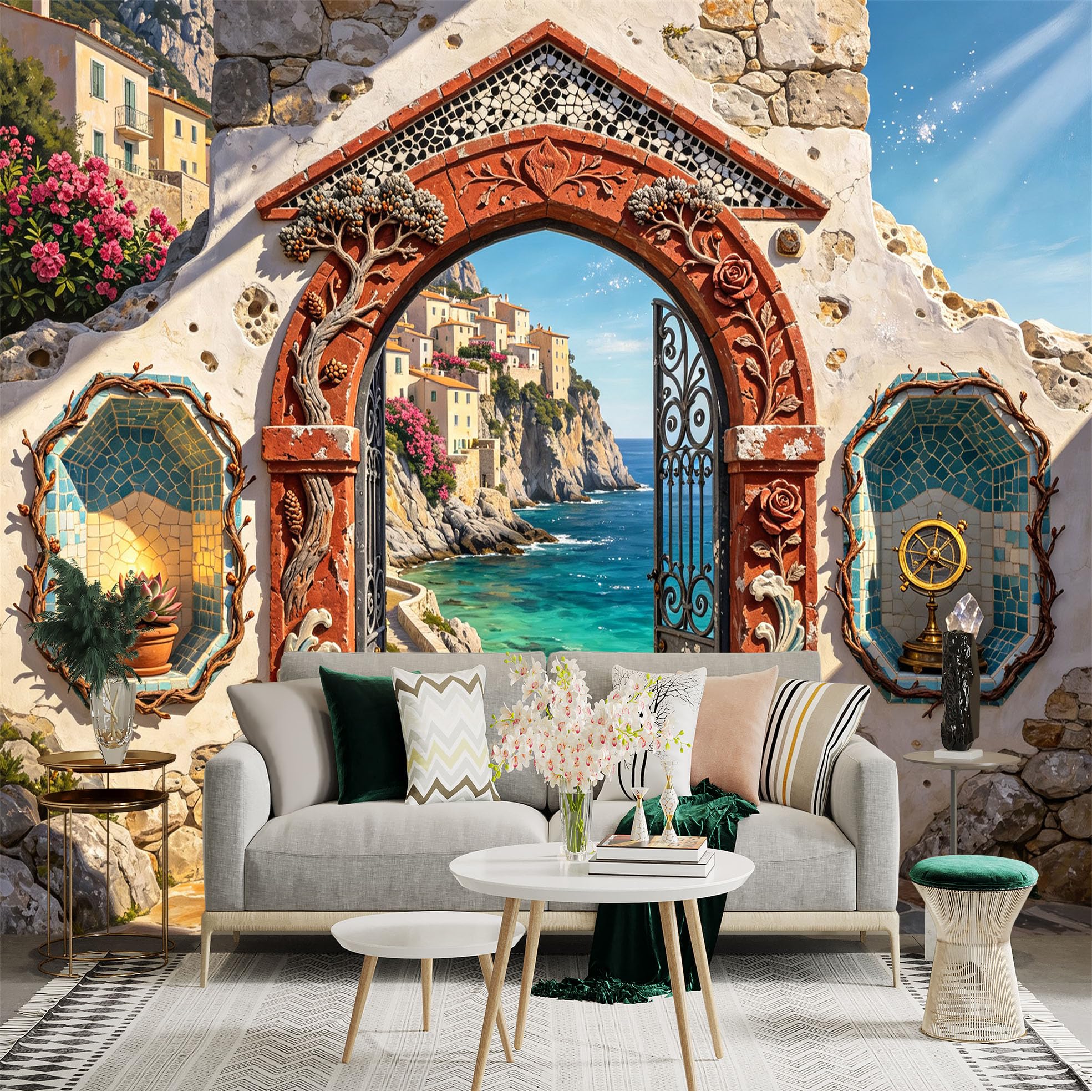Custom Size Wall Sticker Mural， Coastal Archway with Sea View， Mediterranean Cliff Village， Stone Gate Art， for wall Decoration， peelandstick wall Decals.