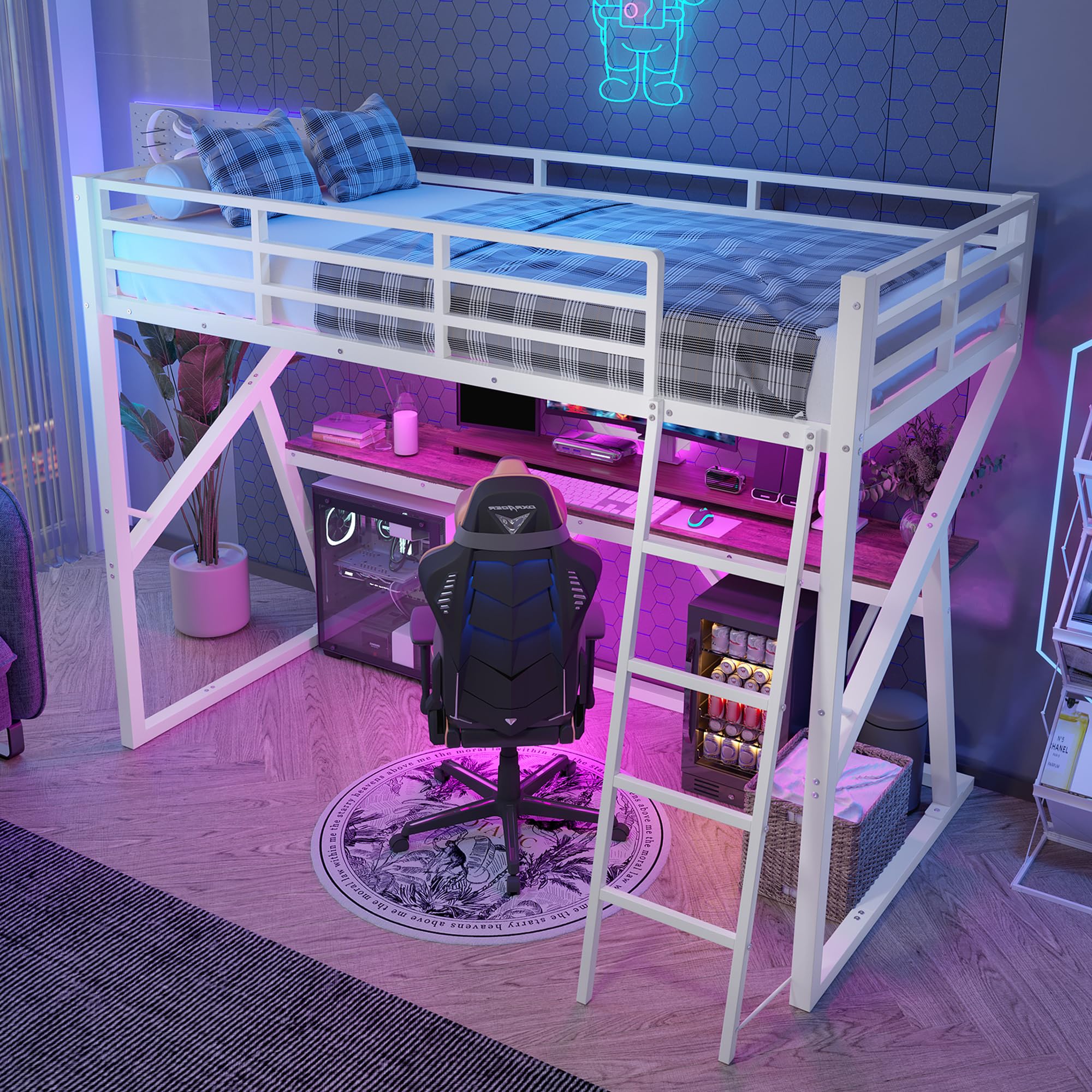 Cama alta de metal 90 x 200 cm, con luces LED, para niños, adolescentes y adultos, litera de metal con escritorio y escalera anticaídas, sin colchón (blanco)