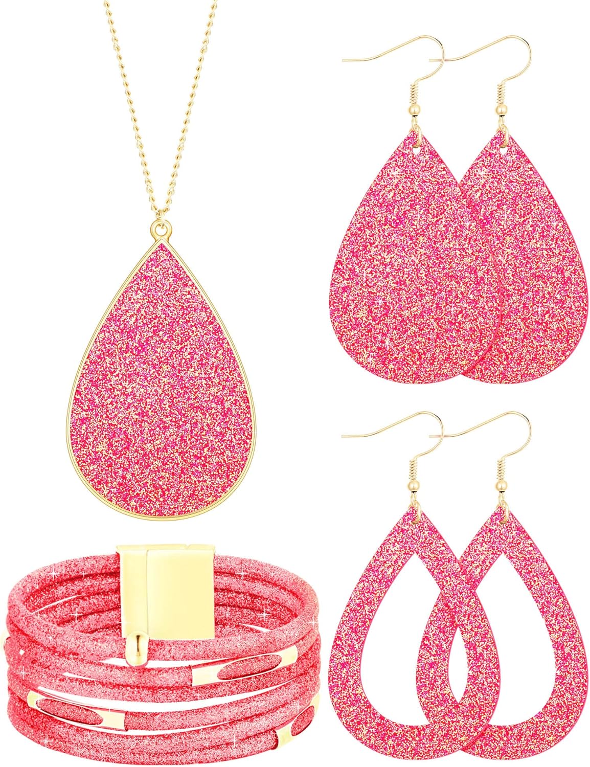 Hicarer 4 Pcs Jewelry Sets for Women Glitter Necklace and Earring Set Multi Layer Bracelet Costume Jewelry Sets for Bridal Shower Wedding