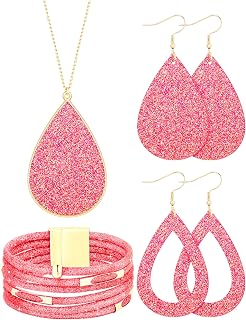 Hicarer 4 Pcs Jewelry Set for Women Necklace Earrings | Multi Layer Bracelet, Glitter Teardrop Necklace, 2 Pairs Sparkle Earrings, Party Accessory for Bridal Shower Wedding
