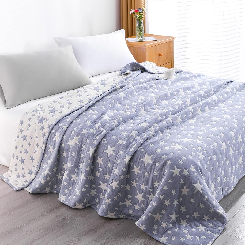 NTBAY King 3 Layer Muslin Cotton Blanket in Blue Stars