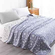 NTBAY Queen 3 Layer Muslin Cotton Blanket, 88 x 92, Blue Stars | Muslin Cotton Outer Layers with Light Thermal Fiber Fill, Breathable Queen Bed Blanket that Becomes Softer after Washing