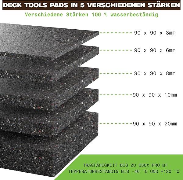 Deck Tools® 50 Stück Terrassenpads 90mm x 90mm x 20 mm – Gummi-Granulat Unterlage für WPC- & Holz-Terrassen – 3/6/8/10/20 mm stark, Made in Germany, Bautenschutz für Terrassen-Fliesen & Stelzlager - 4