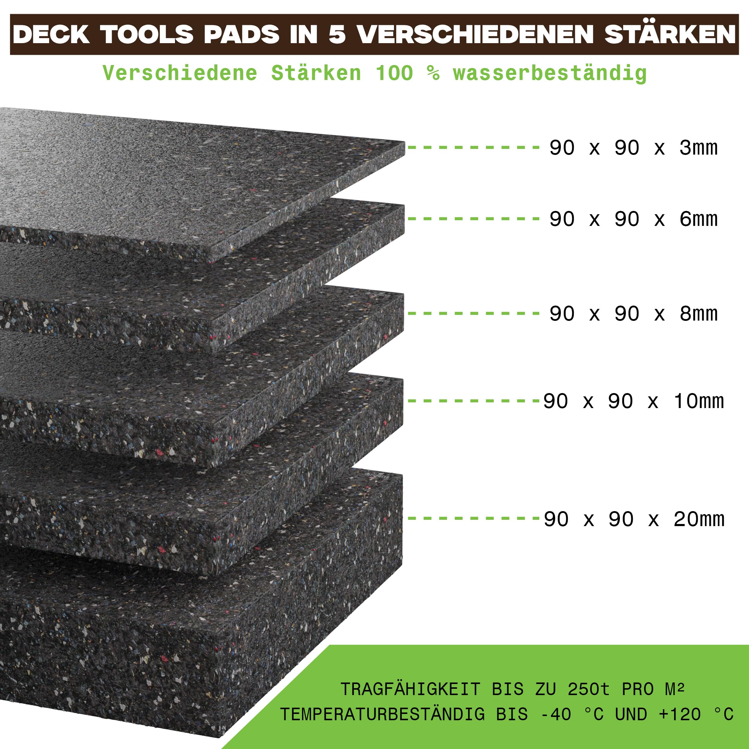 200 cuscinetti per terrazze, 90 mm x 90 mm x 10 mm, in granulato di gomma per terrazze in legno e terrazze – 3/6/8/10/20 mm di spessore, made in Germany, protezione per costruzioni per