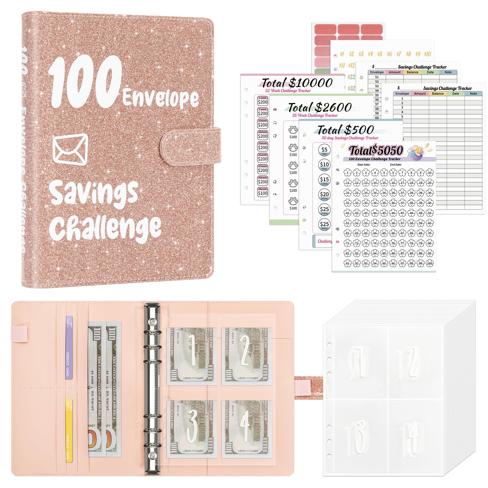 Ospelelf 100 Envelopes Money Saving Challenge Binder 52 Week Budget Book with Cash Envelopes to Save $10,000, Glitter Rose Gold
