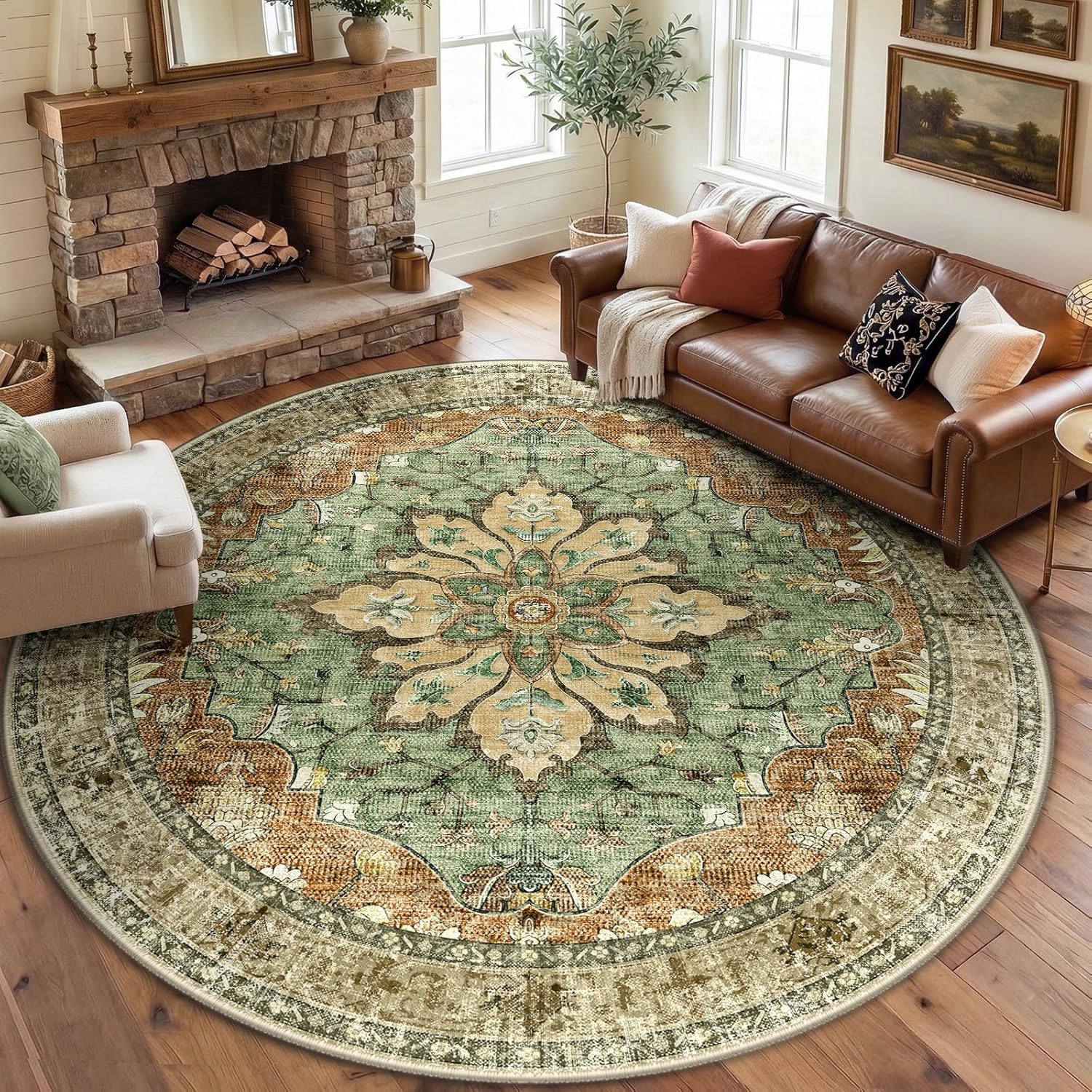 Area Rugs 8ft Washable Non-Slip, Floral Vintage Distress Print Pattern Medallion Carpet for Living Room Bedroom Dining Room, Brick Red Rust Neutral Brown Burnt Orange