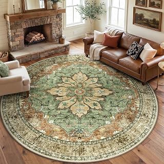 RELEANY Washable Area Rug, Round 8ft, Brick/Brown/Green