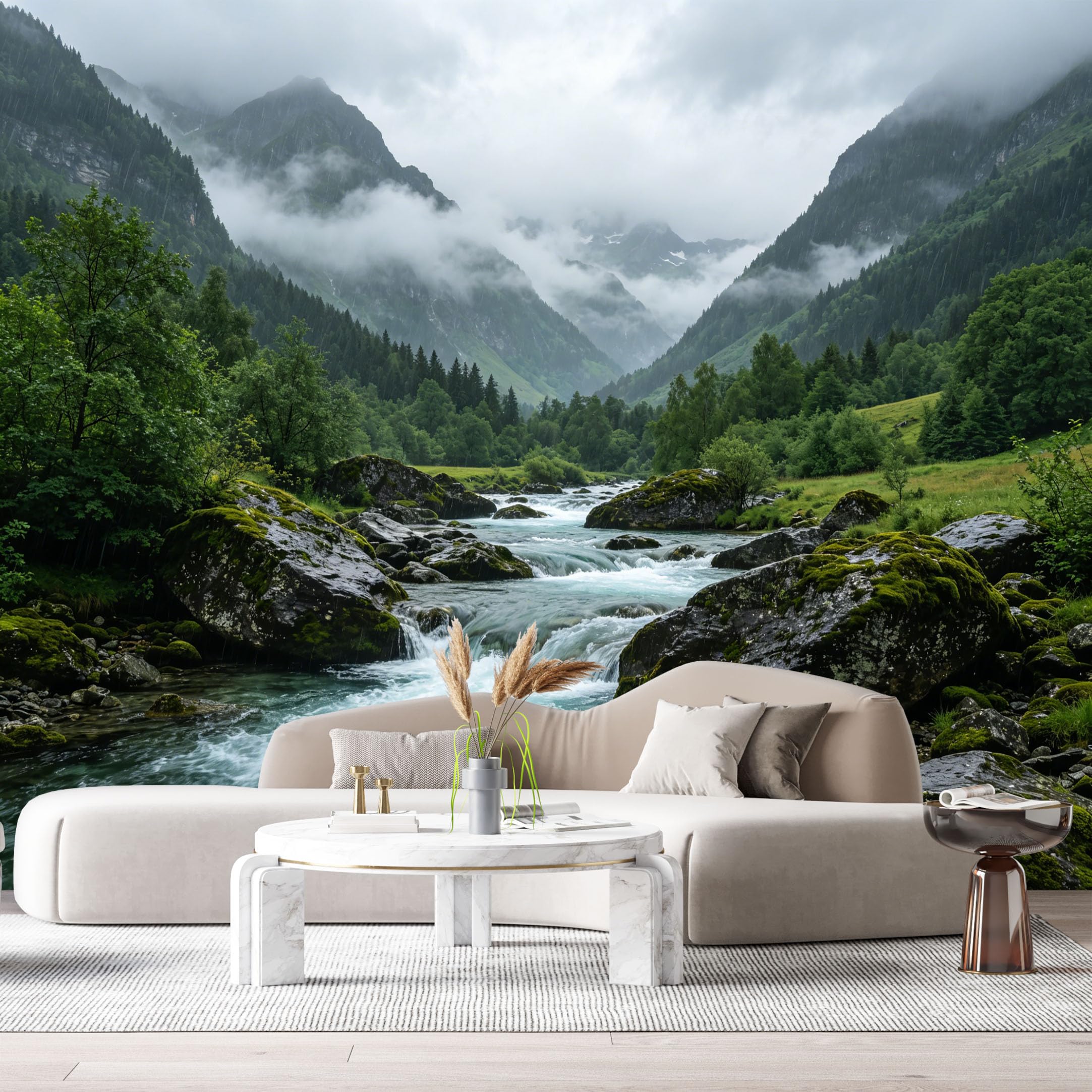 Custom Size Wall Murals Misty Mountain Landscape River Valley Forest View SelfAdhesive Wall Fabric Removable Large Wallpaper for Photo Living Room