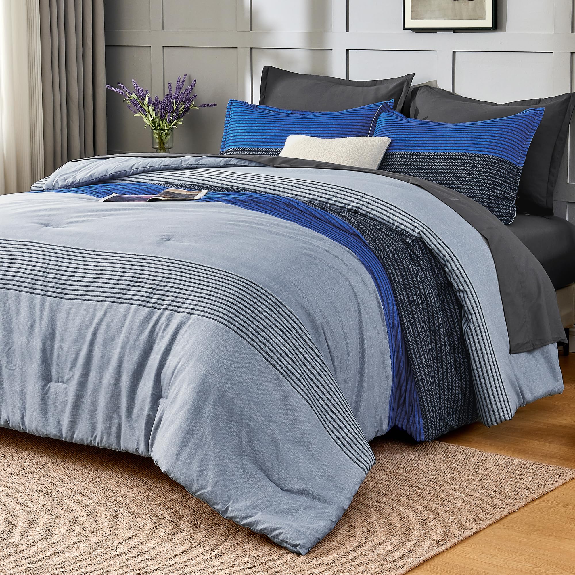 Andency Queen Size Comforter Set 7 Pieces - Blue Grey Patchwork Lightweight Bed in a Bag, Soft Fully Patchwork All Season Bedding Set with Comforter, Fitted & Flat Sheet, Pillowcases & Shams