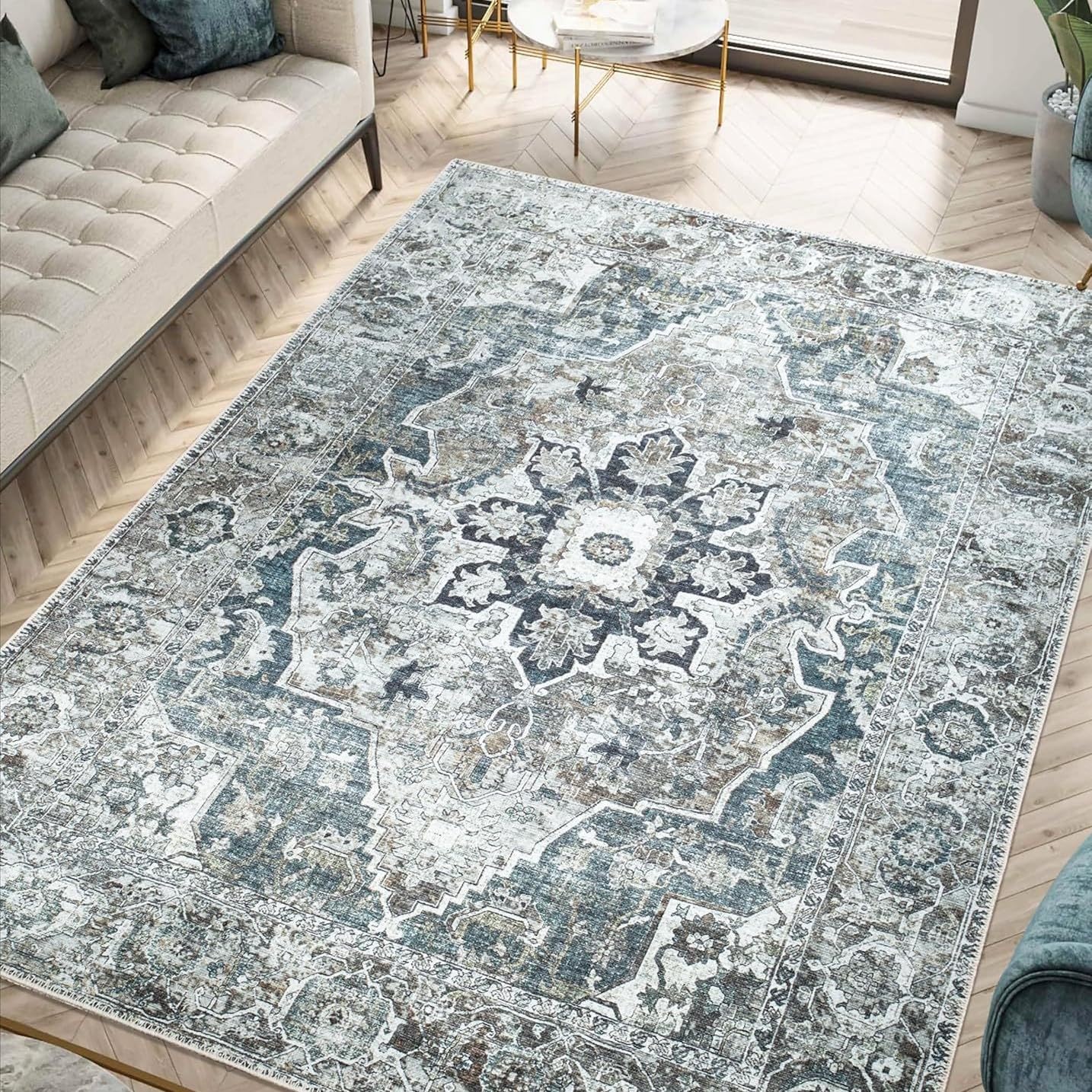 Tapis de salon bleu traditionnel 180x280 cm vintage grand format