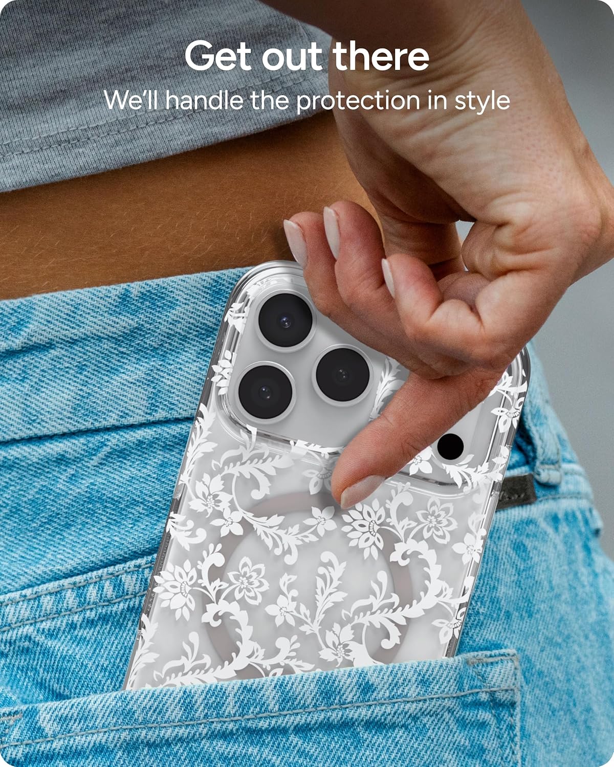 ZAGG Milan Snap Case for iPhone 17 Pro - White Boho Blossom, Graphene Strengthened Phone Case with Drop Protection (13ft/4m), Textured Edges & Sparkle Design, MagSafe Charging Compatible - Image 5