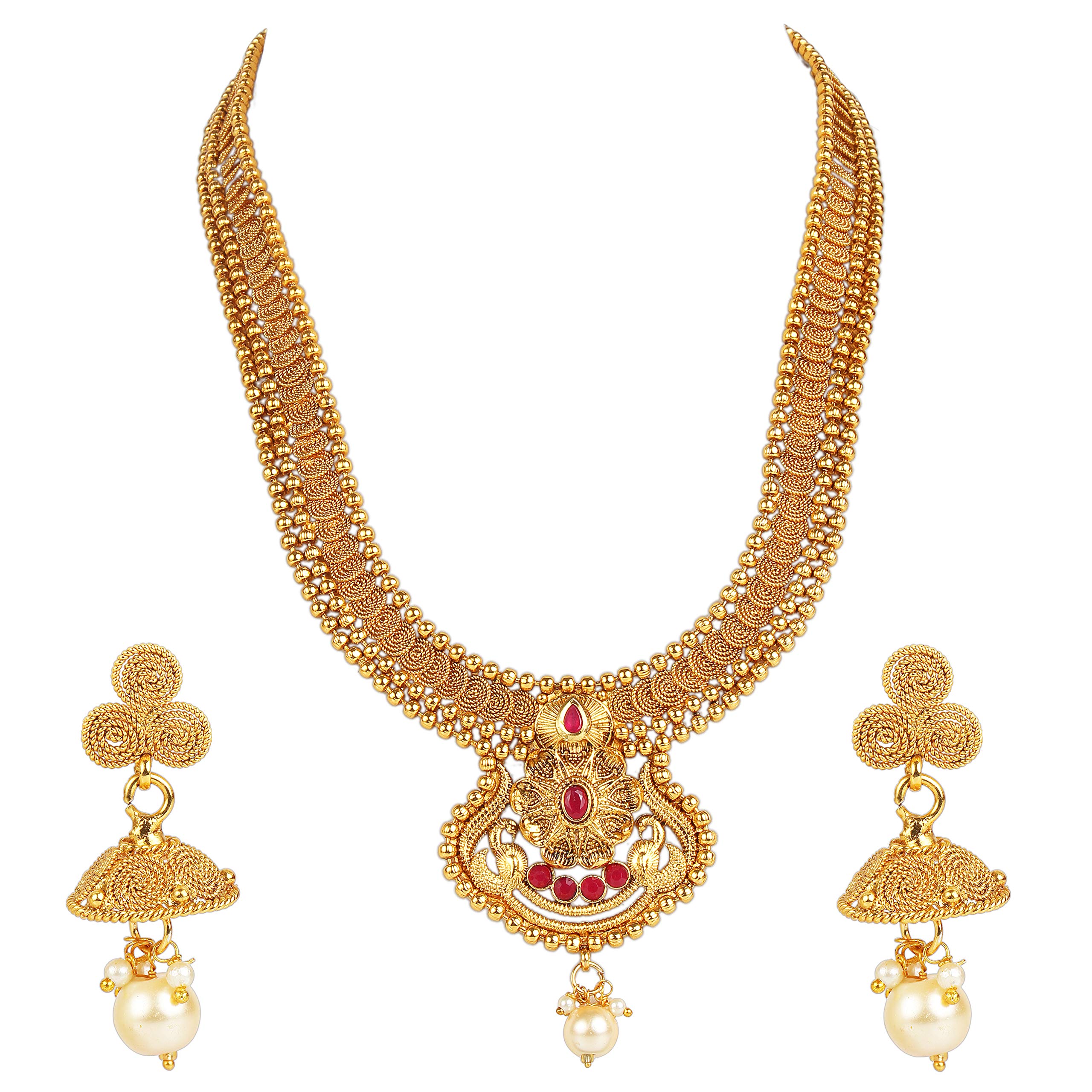 I Jewels18k Gold Plated Traditional Long Bridal Copper Jewellery Set with Earrings for Women (MC019M)