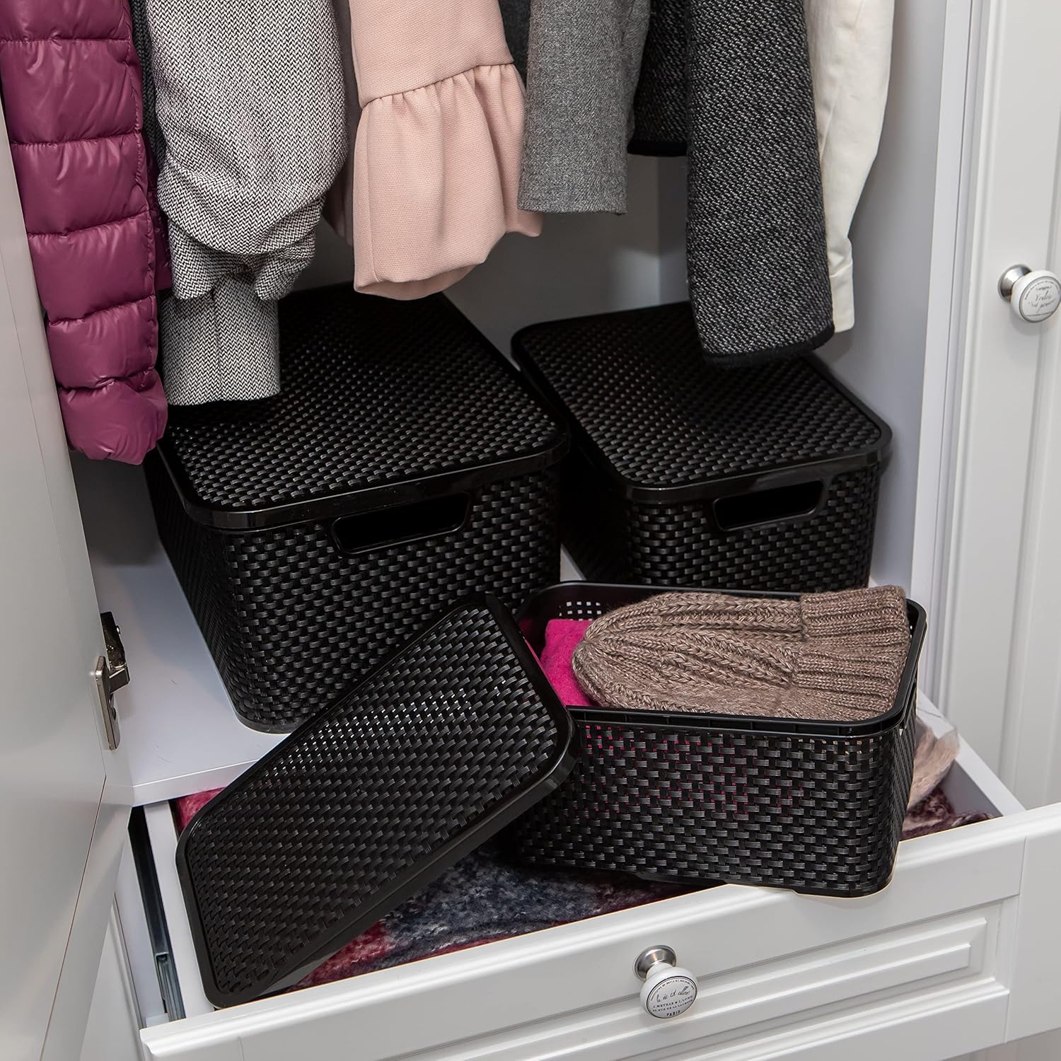 BranQ - Home essential Basket with Lid in Rattan Design Set of 2 Size M 10 L BPA-Free Plastic PP Black 28.8 x 19.7 x 16.2 cm 2 Pieces