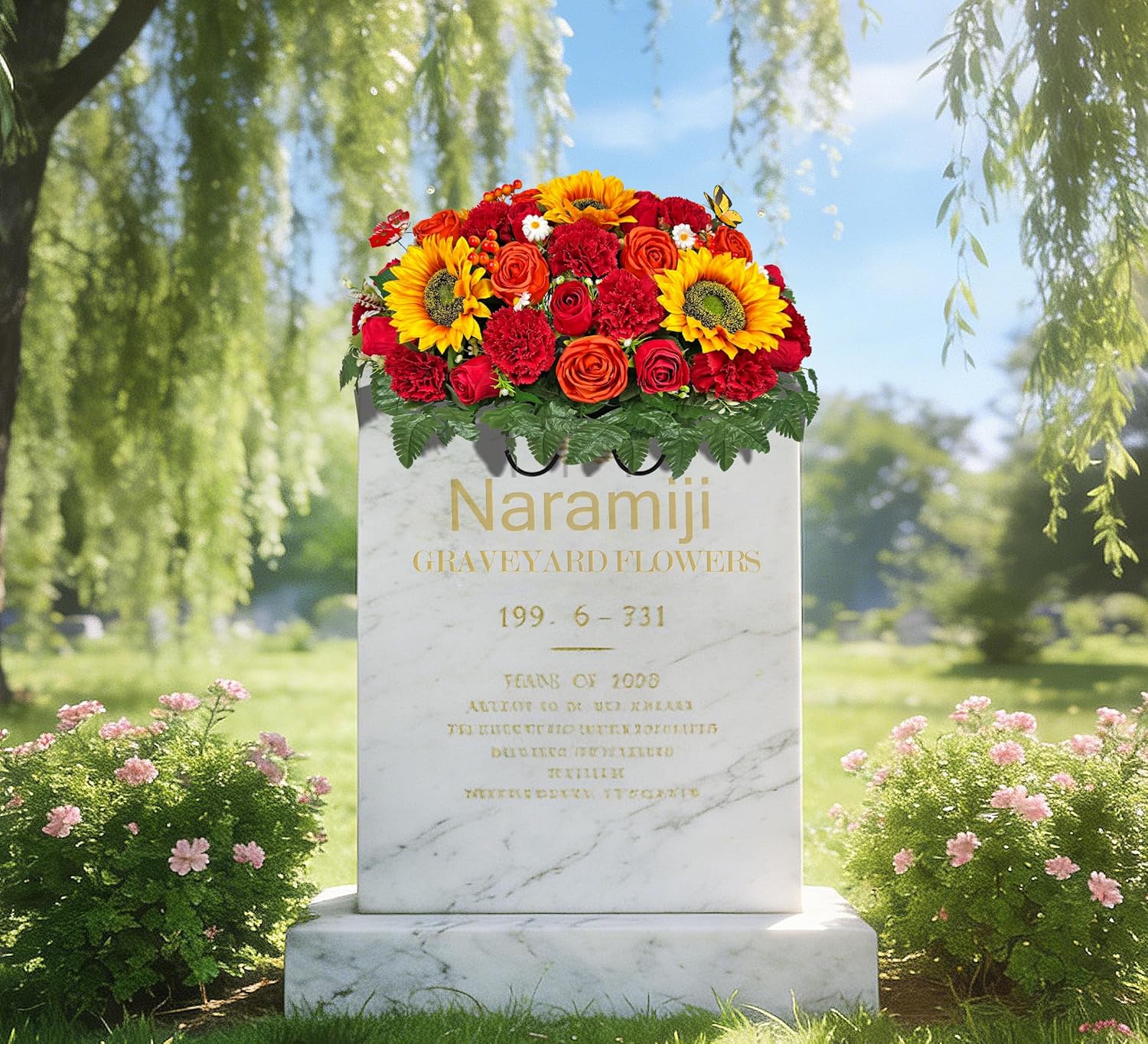 Cemetery Flowers Saddle and Headstone Flower Saddle -Red Artificial Sunflower Rose Carnation Headstone Decorations, Sympathy & Memorial Tributes