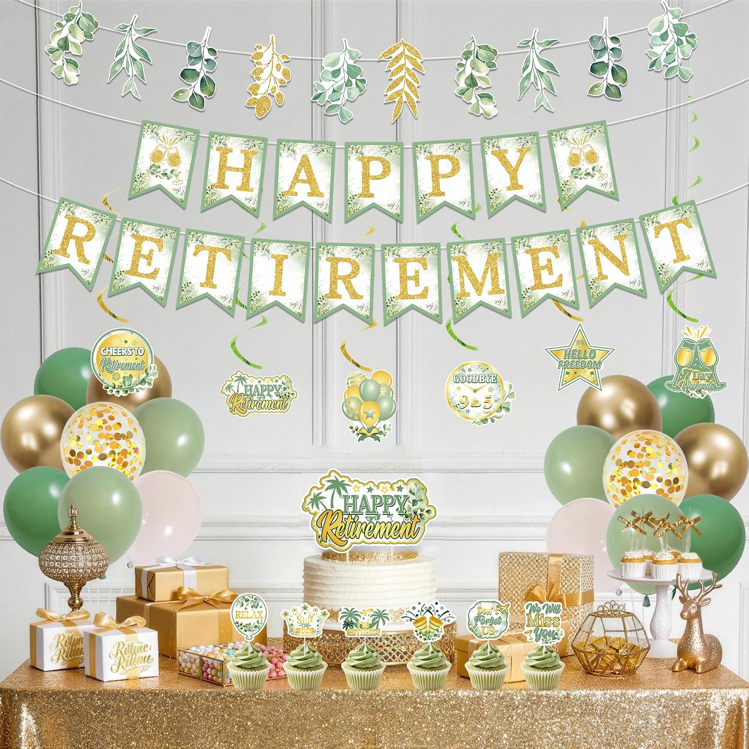 Holkcog Retirement Party Decorations, Green Gold Happy Retired Banner image 4