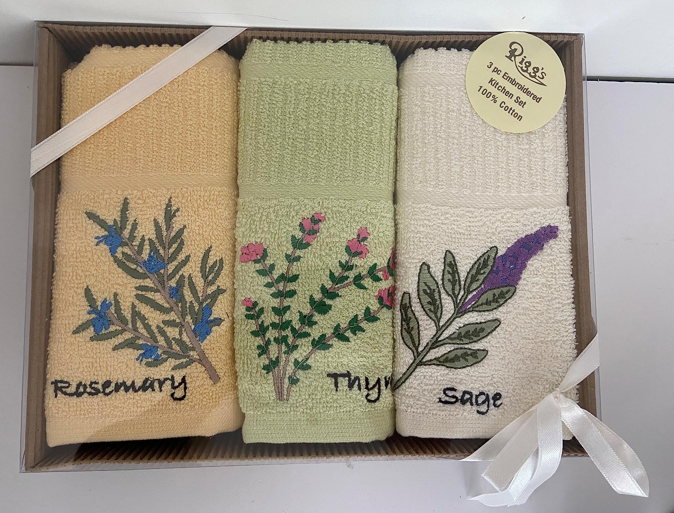 Multi Thee Pack Riggs Rosemary, Thyme & Sage Kitchen Tea Towels In Lemon, Pale Green And Cream Herbs Gift Box