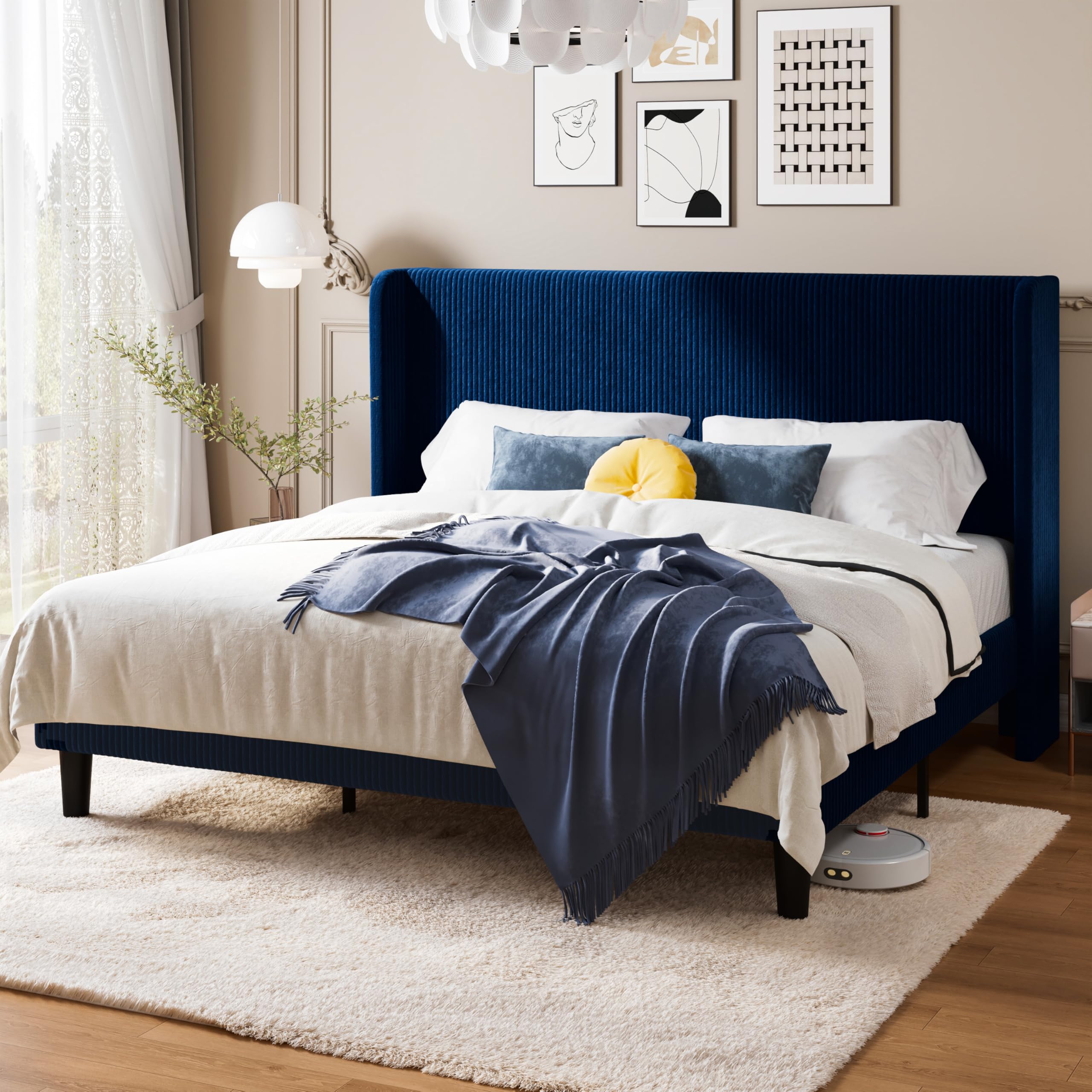 Allewie King Size Bed Frame with Upholstered Wingback Headboard Vertical Channel Tufted Corduroy Velvet Platform Bed Strong Wooden